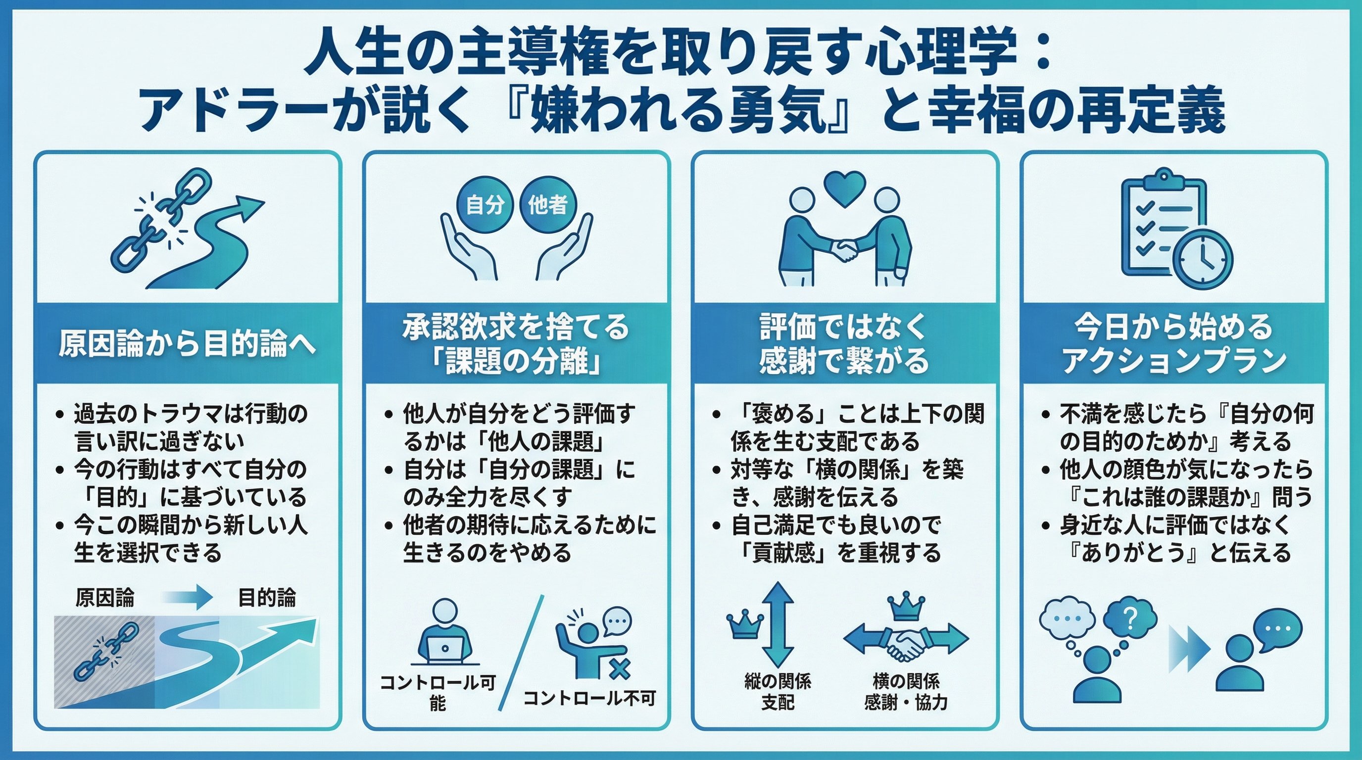 人生の主導権を取り戻す心理学：アドラーが説く「嫌われる勇気」と幸福の再定義 - まとめ図解要約 (manabi)