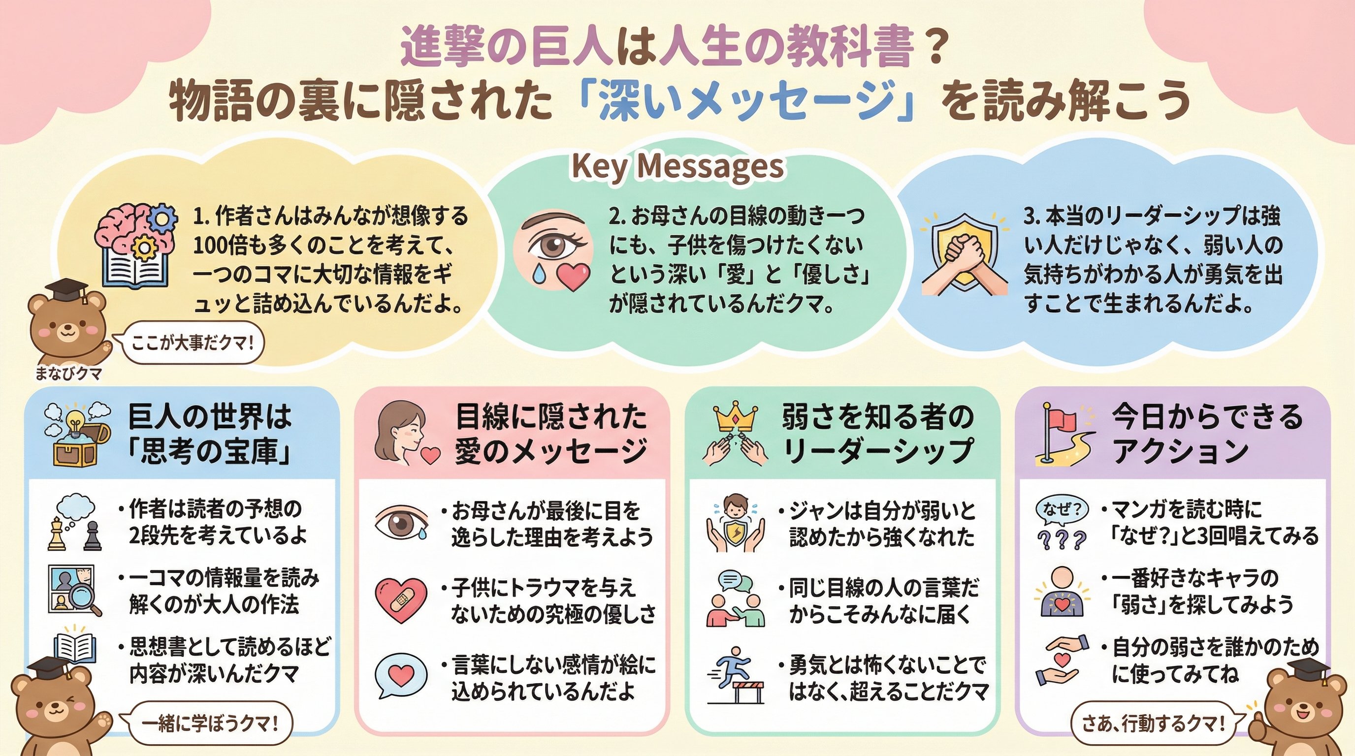 進撃の巨人は人生の教科書?物語の裏に隠された「深いメッセージ」を読み解こうを要約 - まとめ図解要約 (manabi)