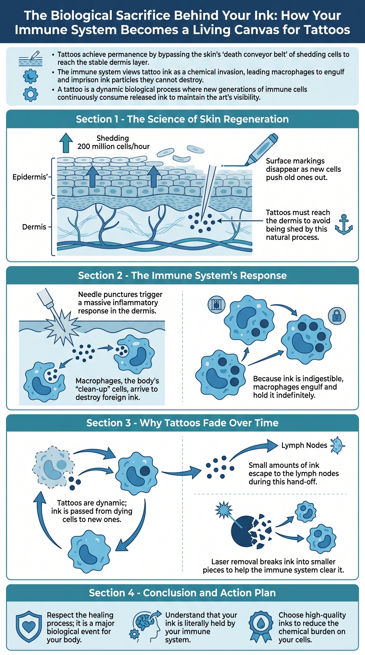 The Biological Sacrifice Behind Your Ink: How Your Immune System Becomes a Living Canvas for Tattoos - 1分でわかるスライド要約 (manabi)
