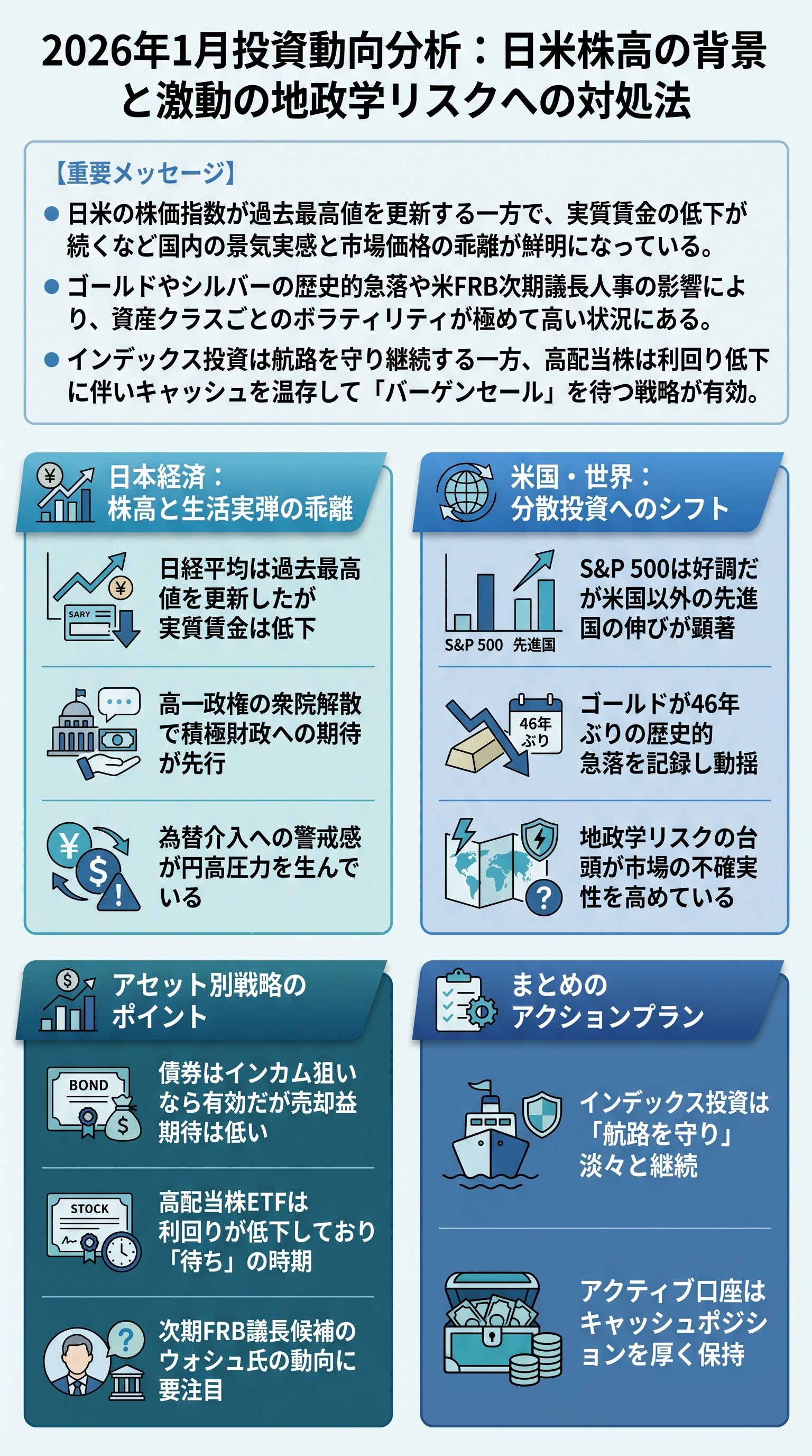 2026年1月投資動向分析:日米株高の背景と激動の地政学リスクへの対処法 - 1分でわかるスライド要約 (manabi)