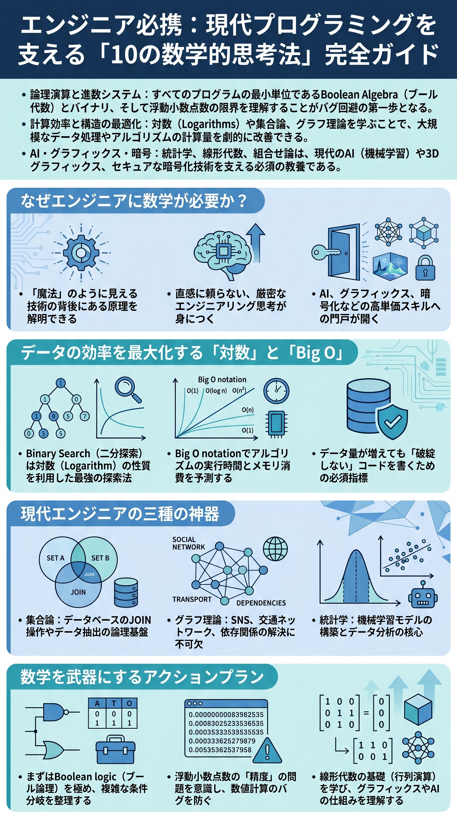 エンジニア必携：現代プログラミングを支える「10の数学的思考法」完全ガイド - 1分でわかるスライド要約 (manabi)