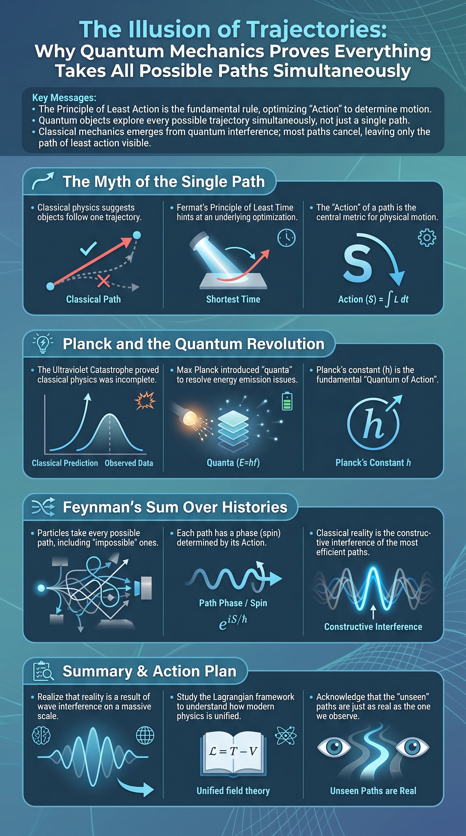 The Illusion of Trajectories: Why Quantum Mechanics Proves Everything Takes All Possible Paths Simultaneously - 1分でわかるスライド要約 (manabi)