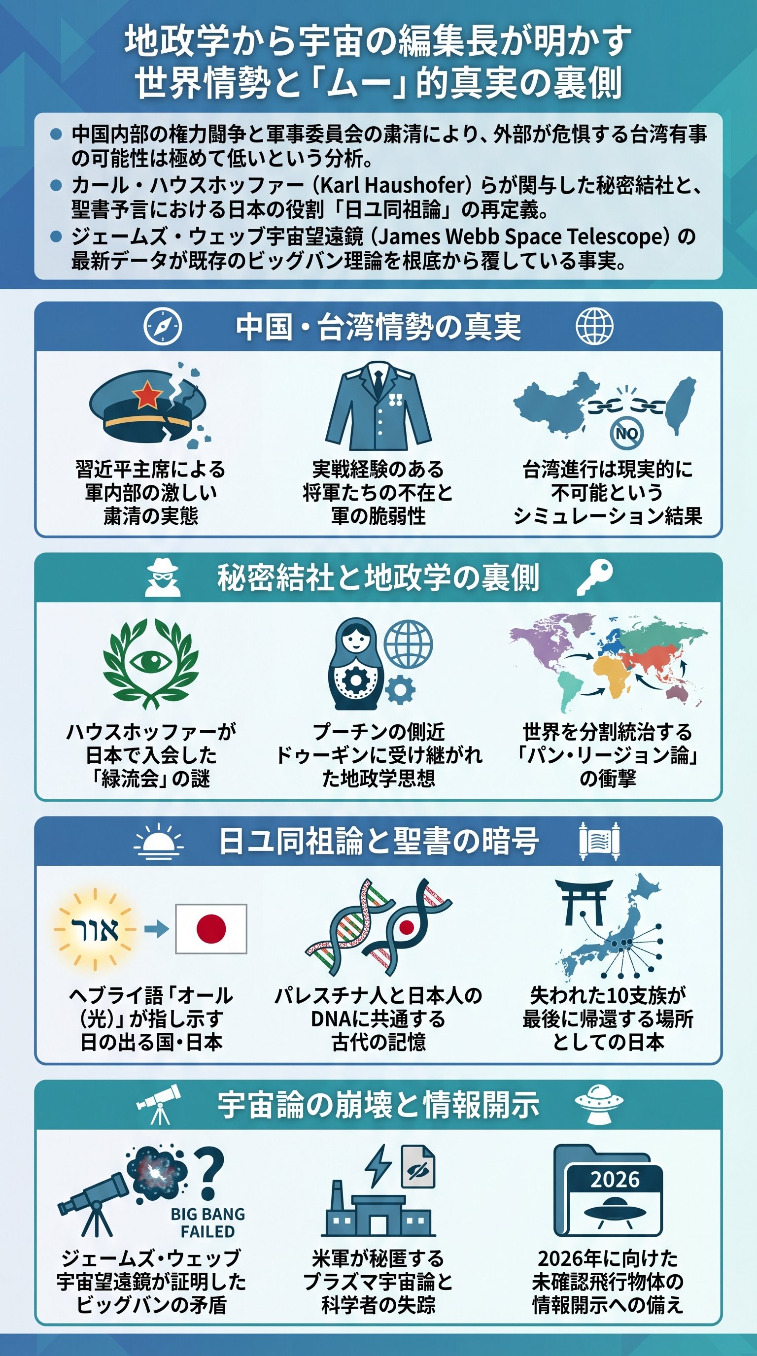 ムー三上編集長が語る台湾有事・日ユ同祖論・ビッグバン理論の真相をコヤッキーが要約 - 1分でわかるスライド要約 (manabi)