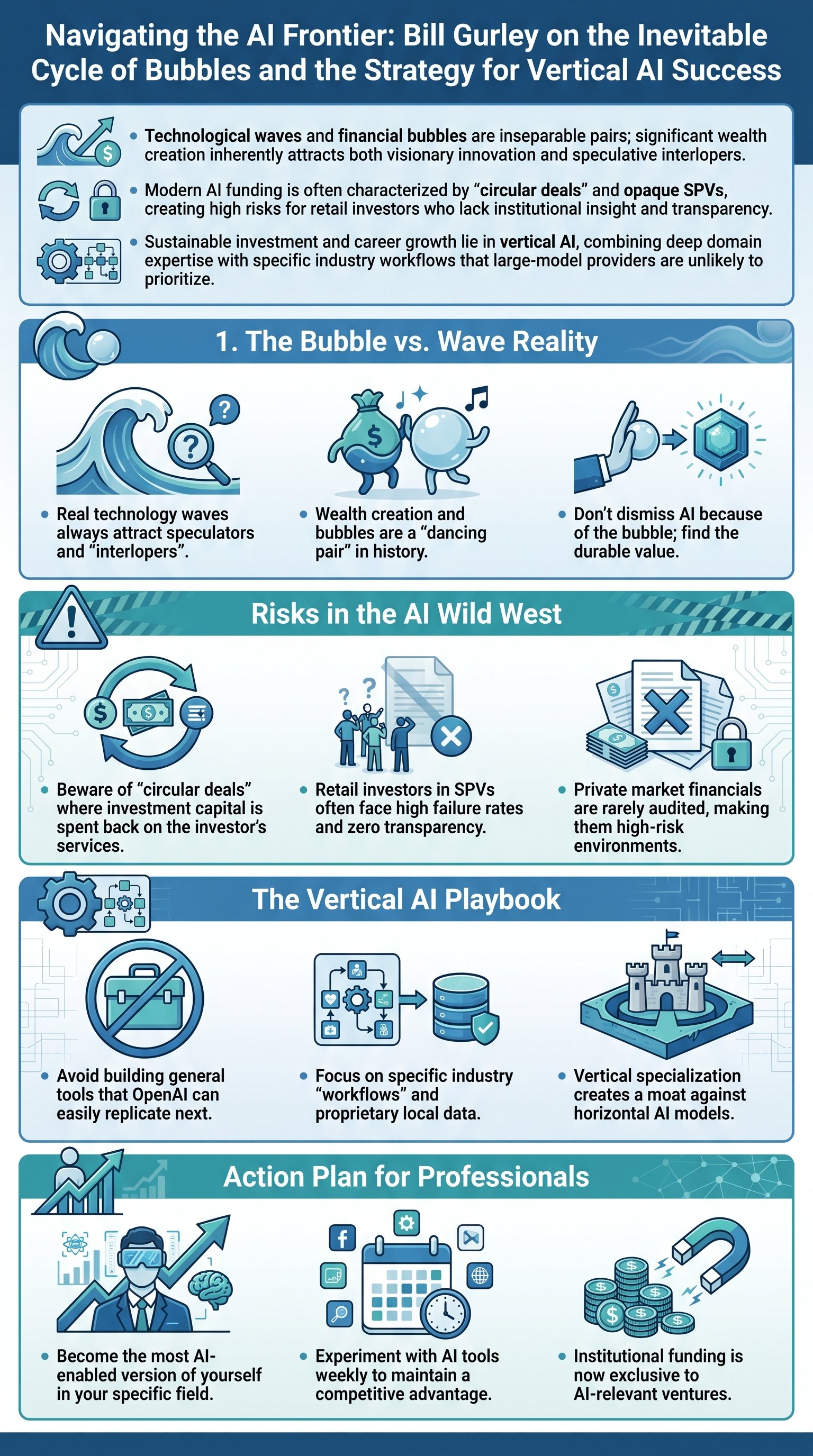 Navigating the AI Frontier: Bill Gurley on the Inevitable Cycle of Bubbles and the Strategy for Vertical AI Success - 1分でわかるスライド要約 (manabi)