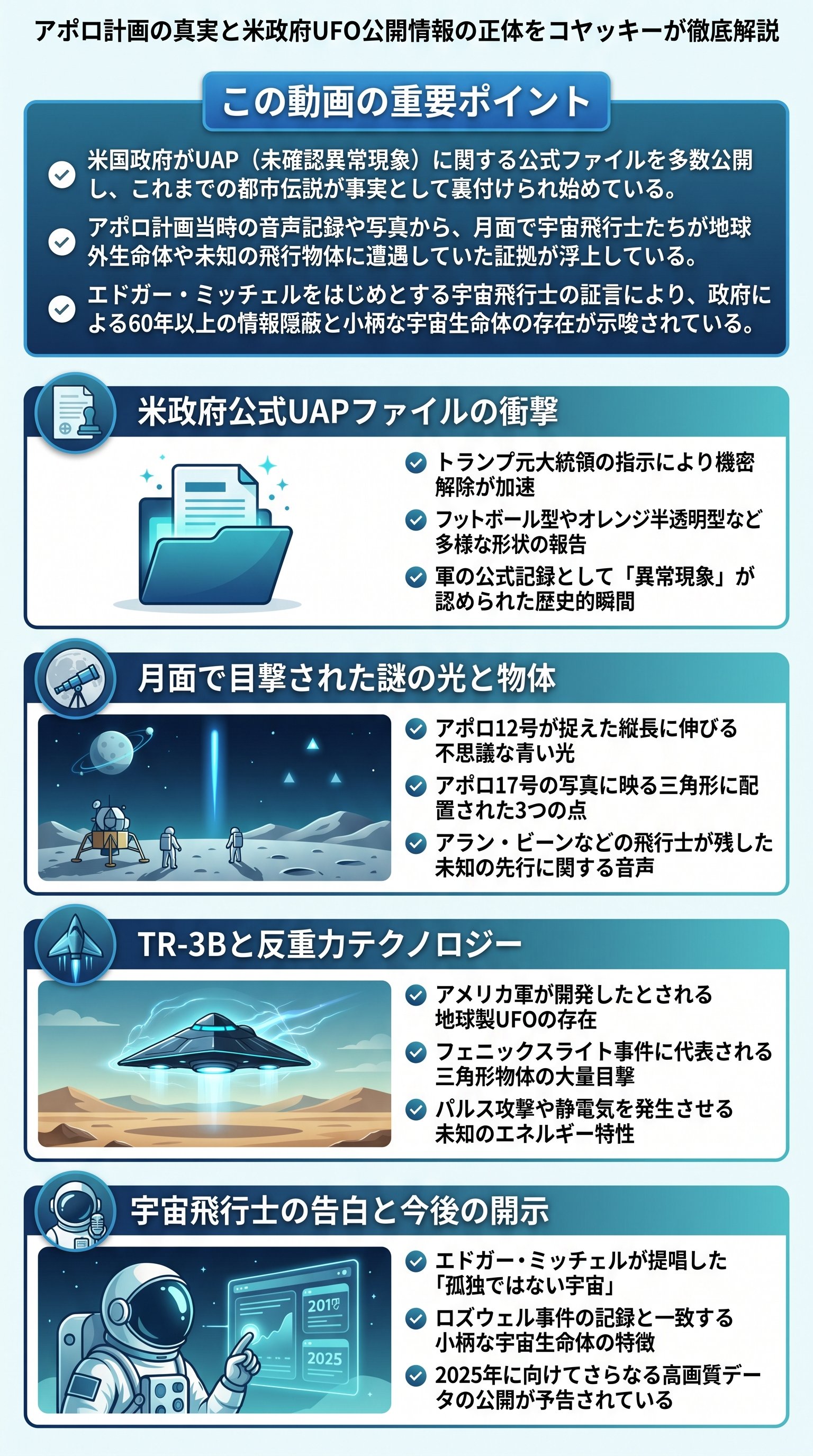 アポロ計画の真実と米政府UFO公開情報の正体をコヤッキーが徹底解説 - 1分でわかるスライド要約 (manabi)