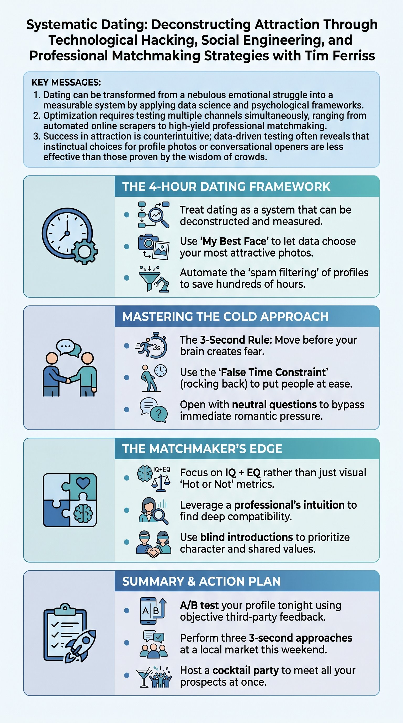 Systematic Dating: Deconstructing Attraction Through Technological Hacking, Social Engineering, and Professional Matchmaking Strategies with Tim Ferriss - 1分でわかるスライド要約 (manabi)