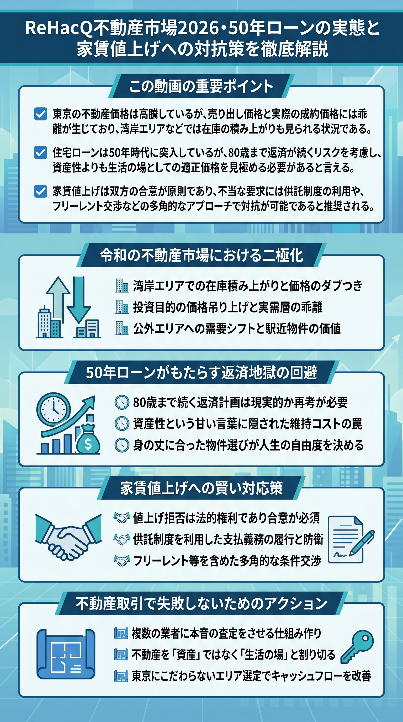 ReHacQ不動産市場2026・50年ローンの実態と家賃値上げへの対抗策を徹底解説 - 1分でわかるスライド要約 (manabi)