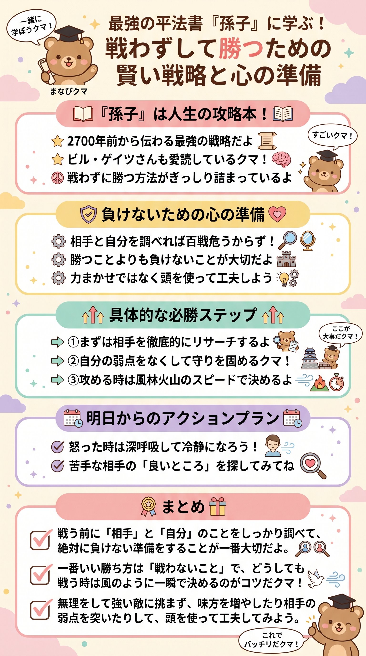 最強の兵法書『孫子』に学ぶ！戦わずして勝つための賢い戦略と心の準備を要約 - 1分でわかるスライド要約 (manabi)