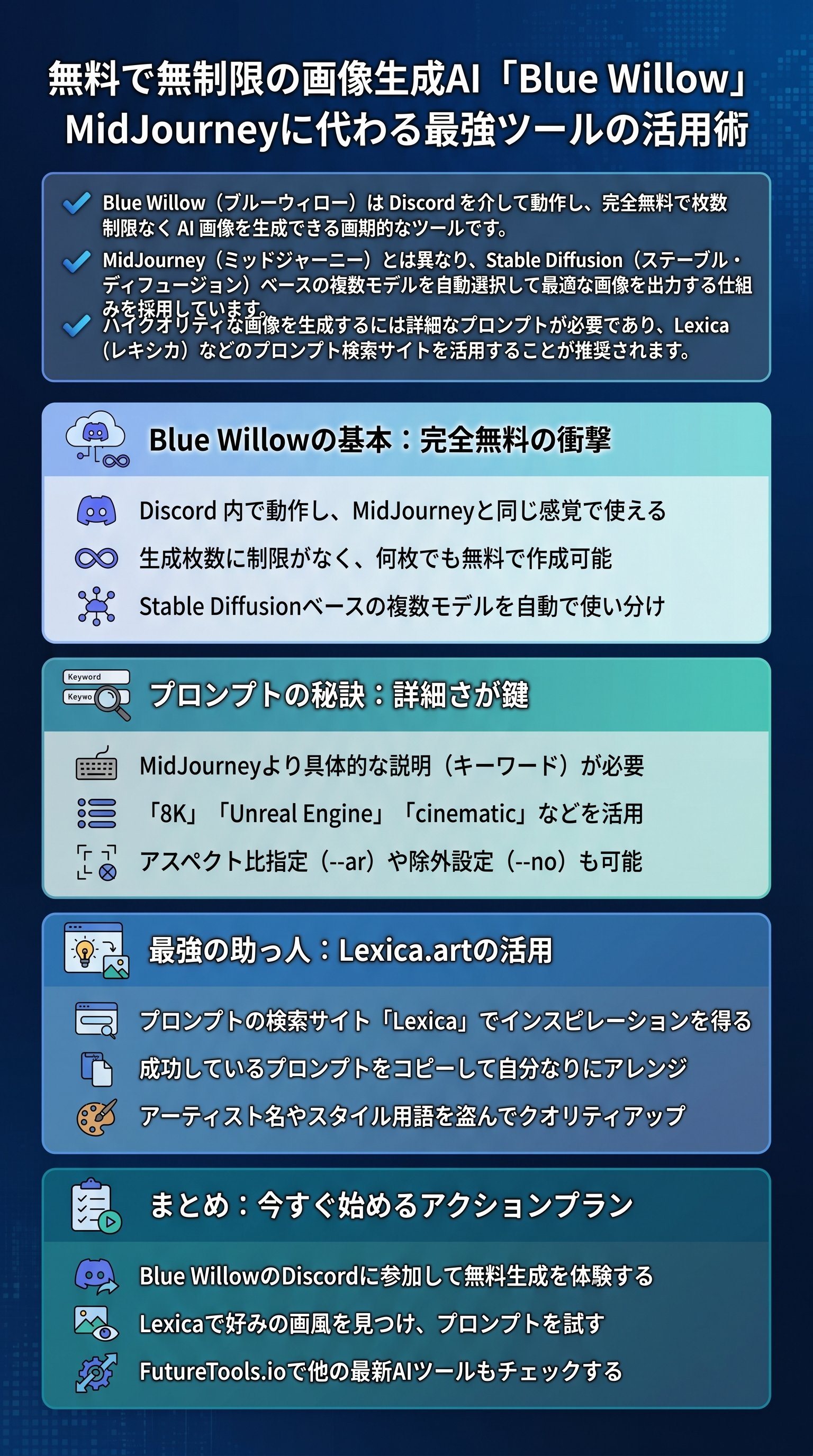 無料で無制限の画像生成AI「Blue Willow」MidJourneyに代わる最強ツールの活用術 - 1分でわかるスライド要約 (manabi)