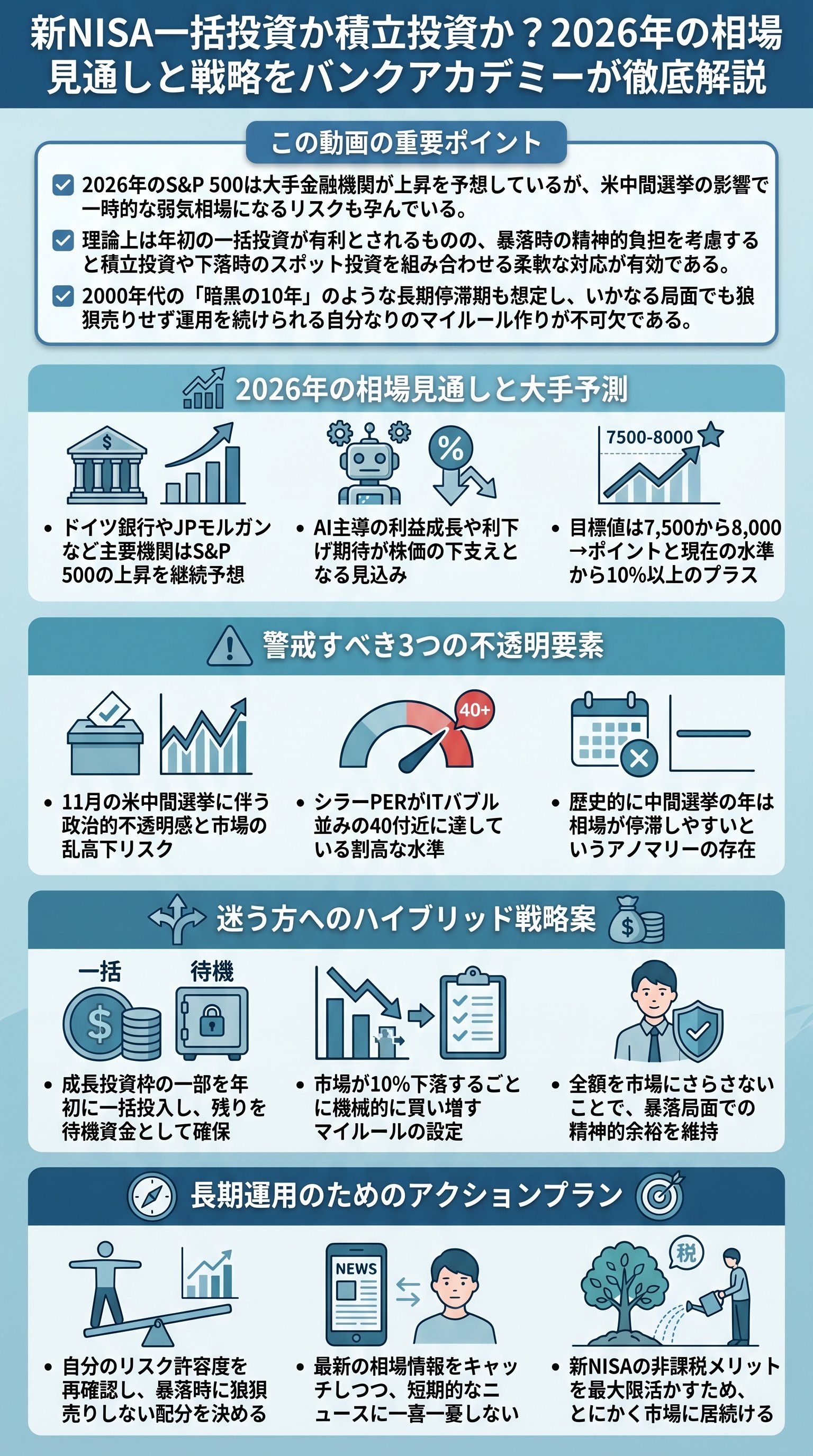 新NISA一括投資か積立投資か？2026年の相場見通しと戦略をバンクアカデミーが徹底解説 - 1分でわかるスライド要約 (manabi)