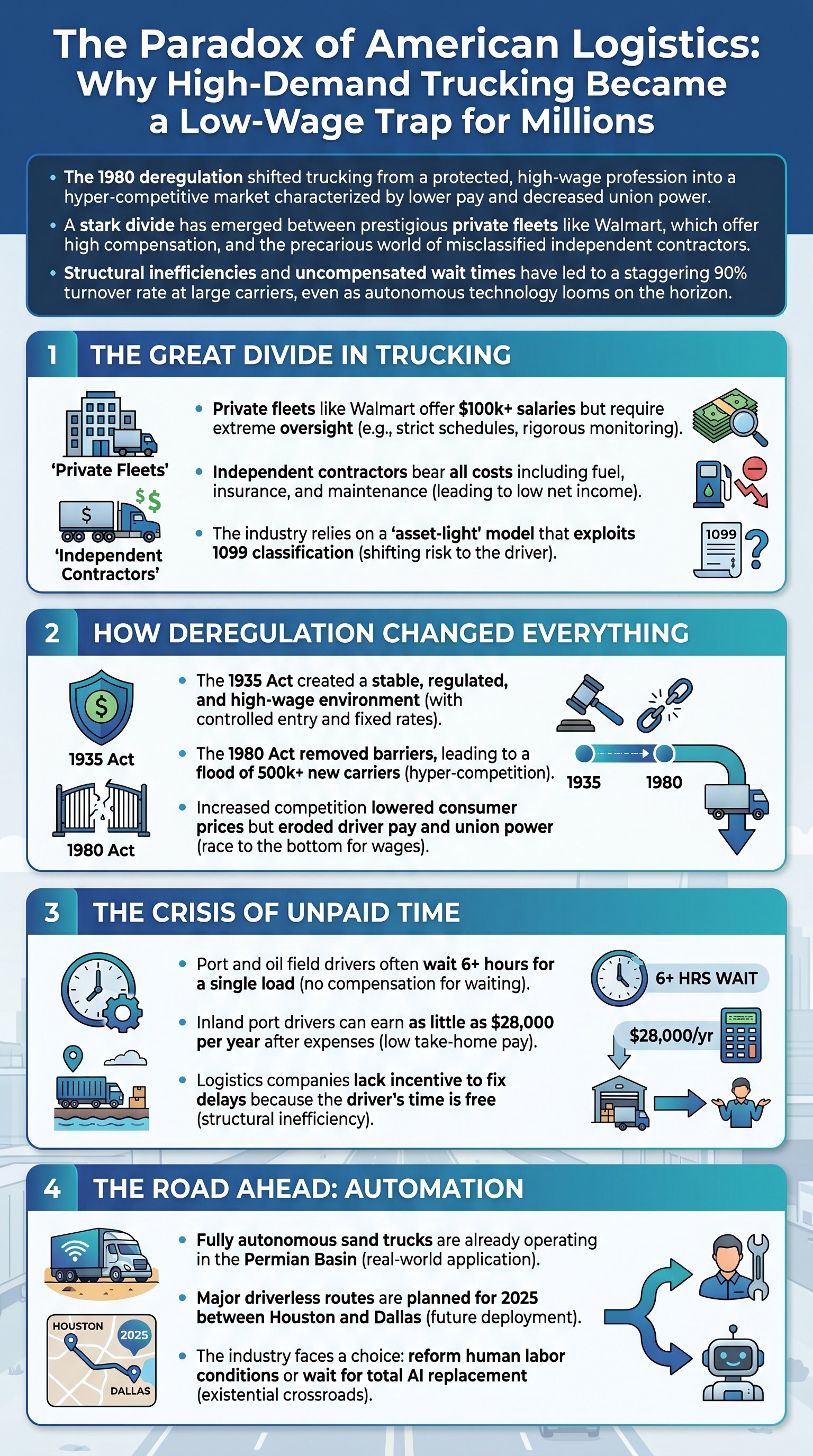 The Paradox of American Logistics: Why High-Demand Trucking Became a Low-Wage Trap for Millions - 1分でわかるスライド要約 (manabi)