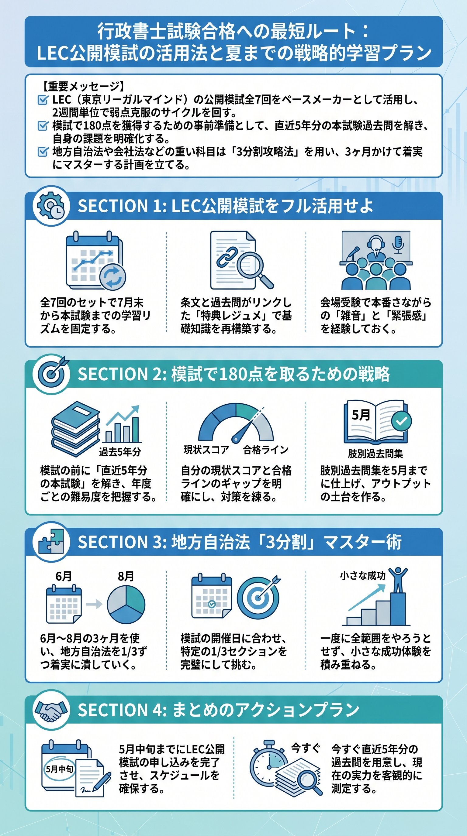 行政書士試験合格への最短ルート：LEC公開模試の活用法と夏までの戦略的学習プラン - 1分でわかるスライド要約 (manabi)