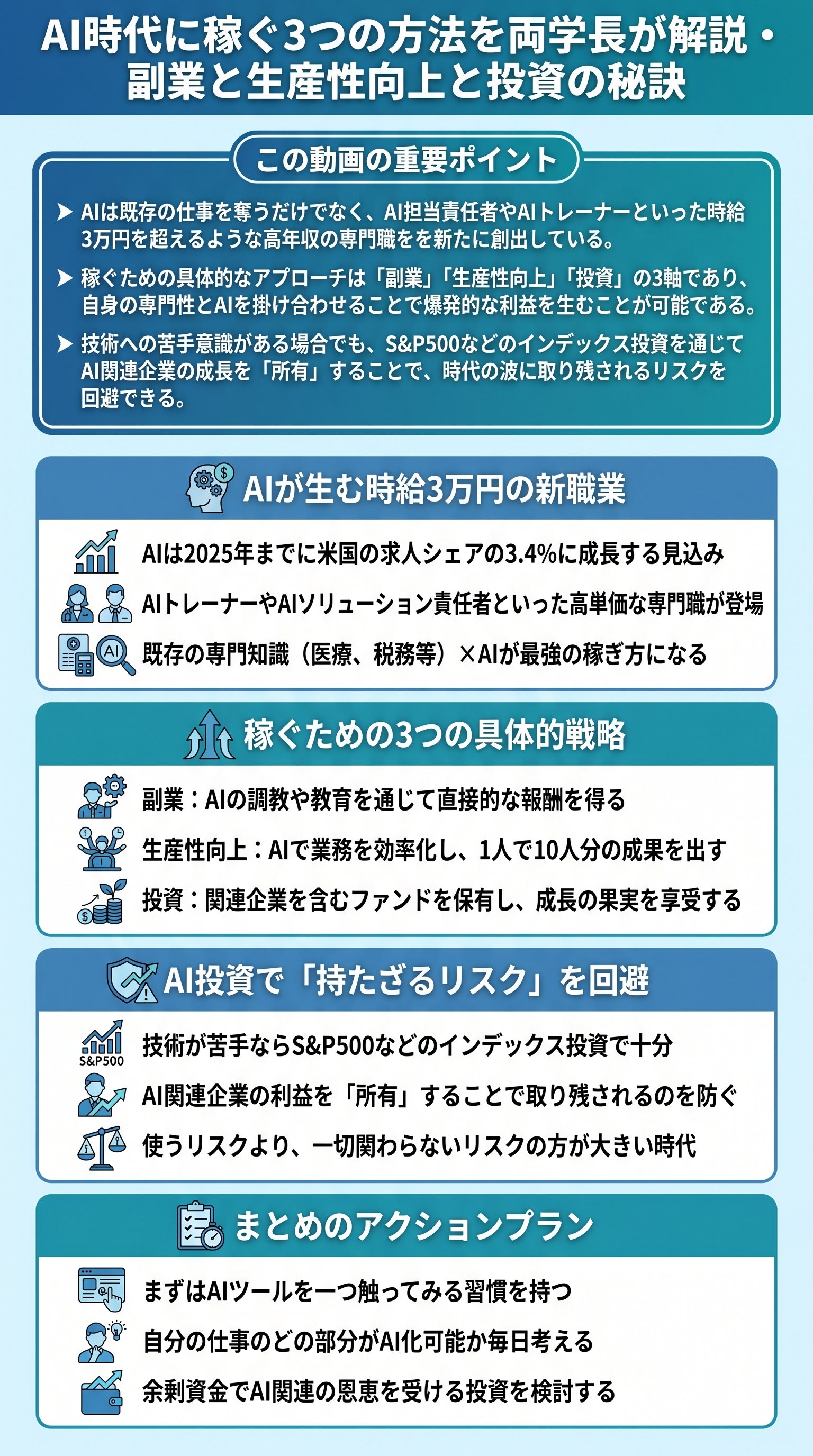 AI時代に稼ぐ3つの方法を両学長が解説・副業と生産性向上と投資の秘訣 - 1分でわかるスライド要約 (manabi)