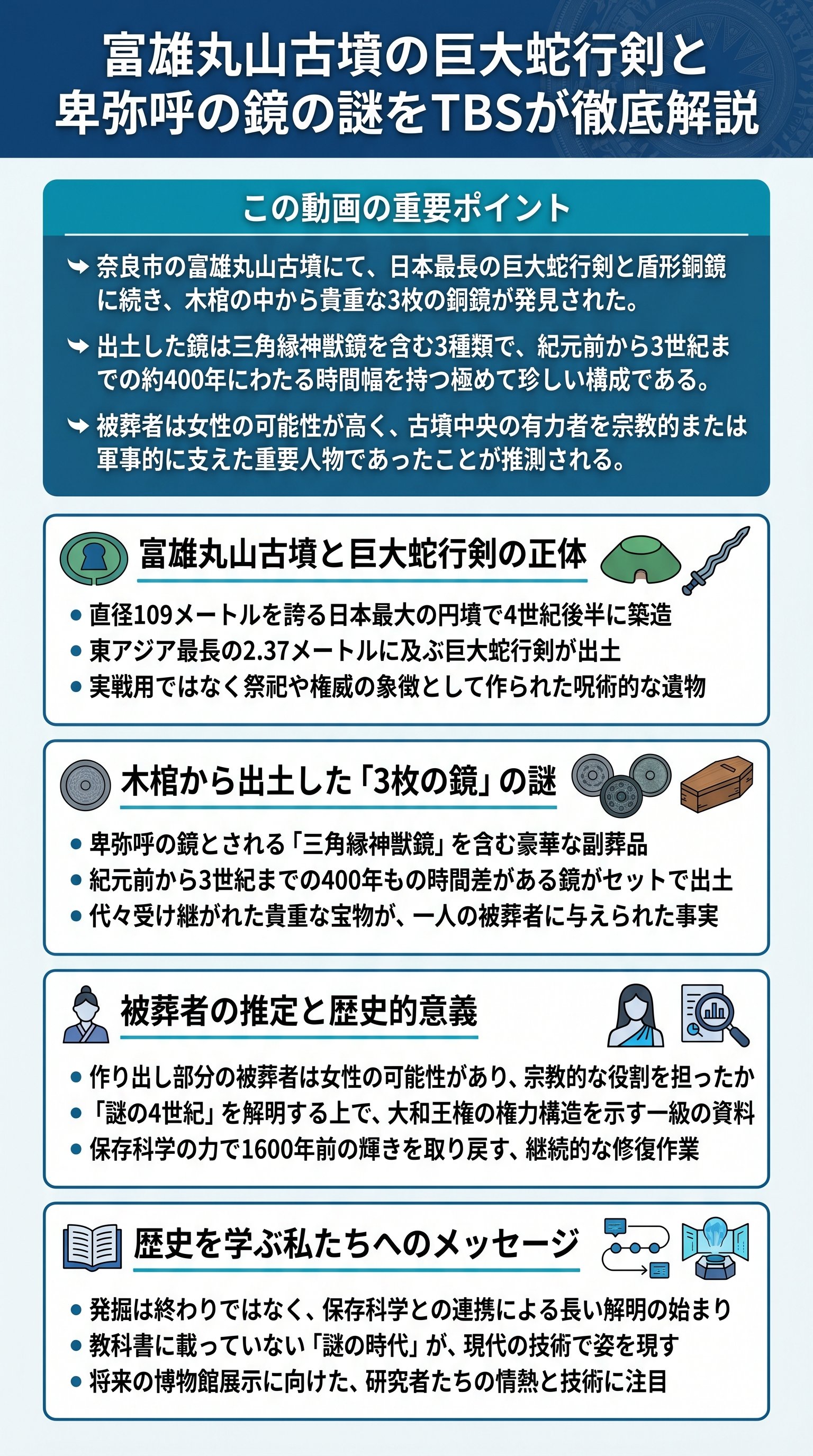 富雄丸山古墳の巨大蛇行剣と卑弥呼の鏡の謎をTBSが徹底解説 - 1分でわかるスライド要約 (manabi)