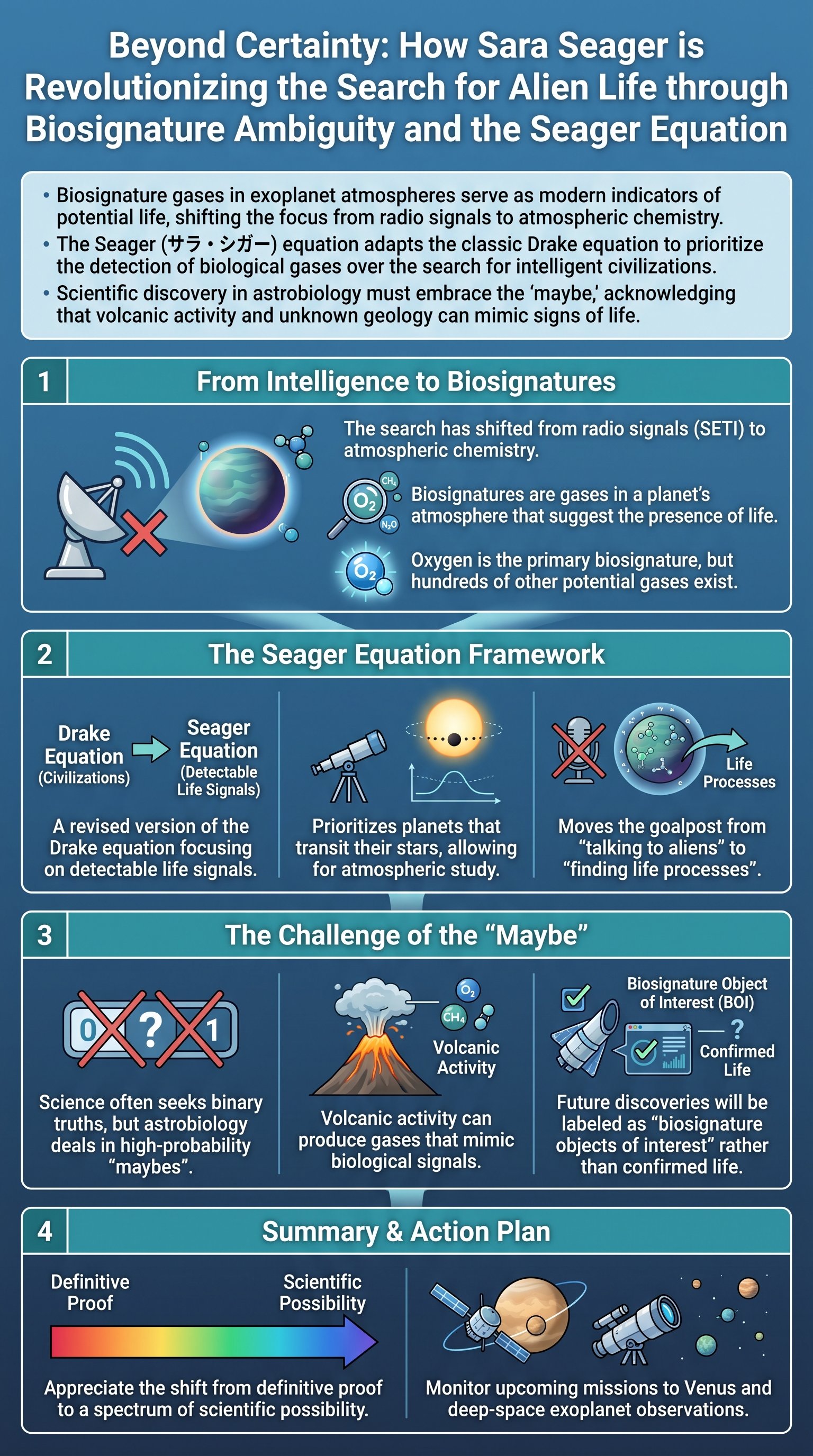 Beyond Certainty: How Sara Seager is Revolutionizing the Search for Alien Life through Biosignature Ambiguity and the Seager Equation - 1分でわかるスライド要約 (manabi)