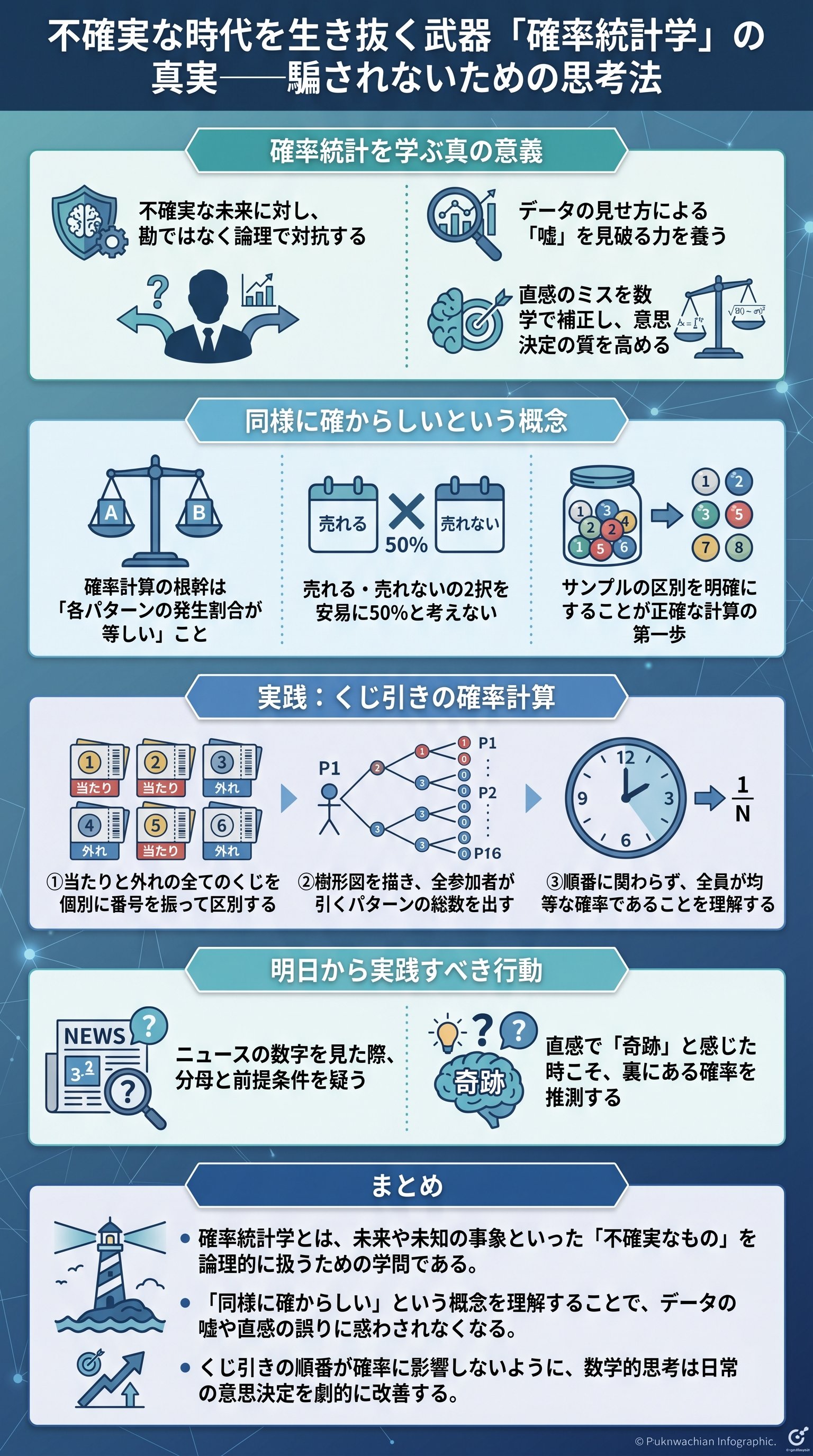 不確実な時代を生き抜く武器「確率統計学」の真実――騙されないための思考法を要約 - 1分でわかるスライド要約 (manabi)