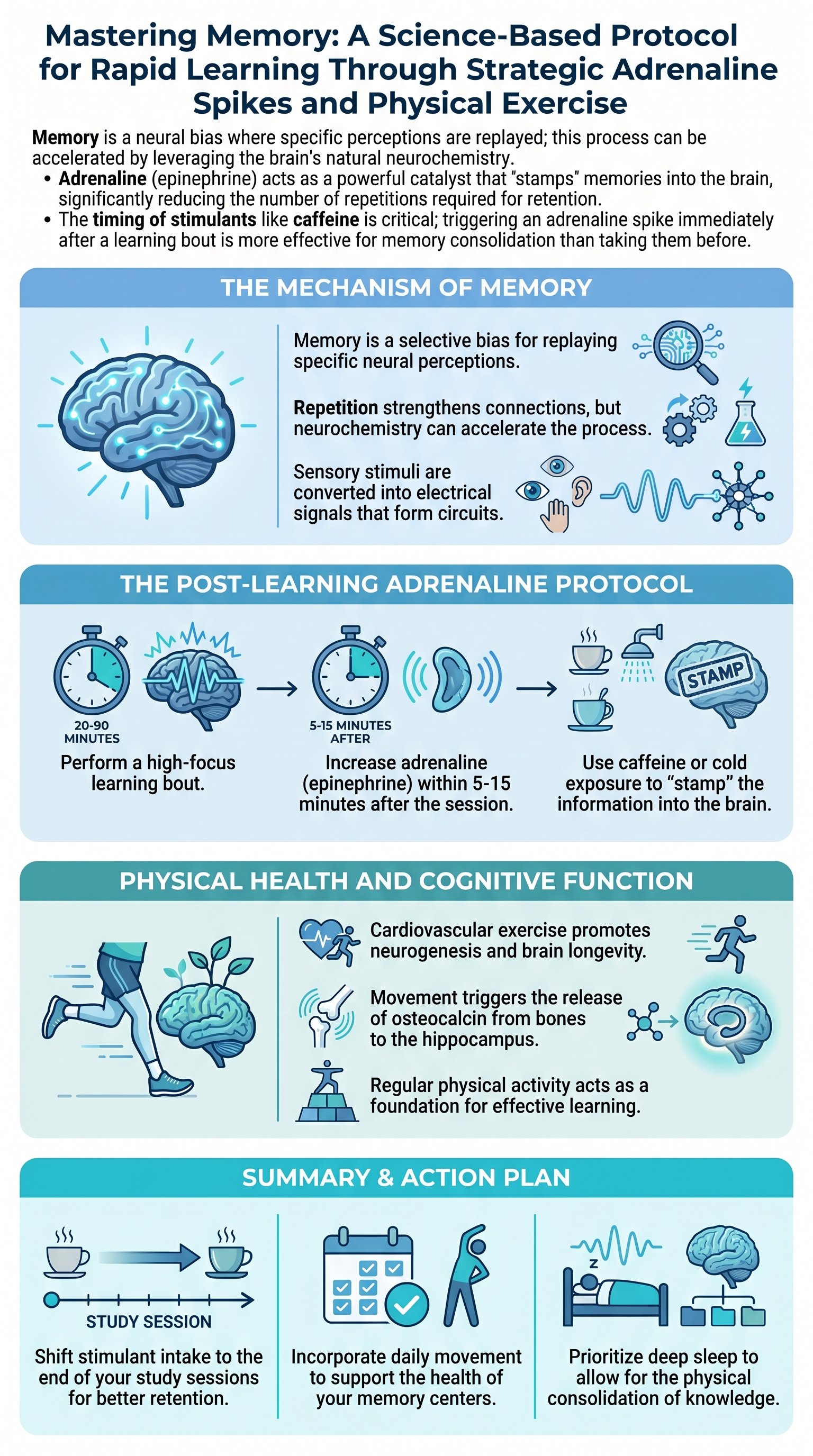 Mastering Memory: A Science-Based Protocol for Rapid Learning Through Strategic Adrenaline Spikes and Physical Exercise - 1分でわかるスライド要約 (manabi)