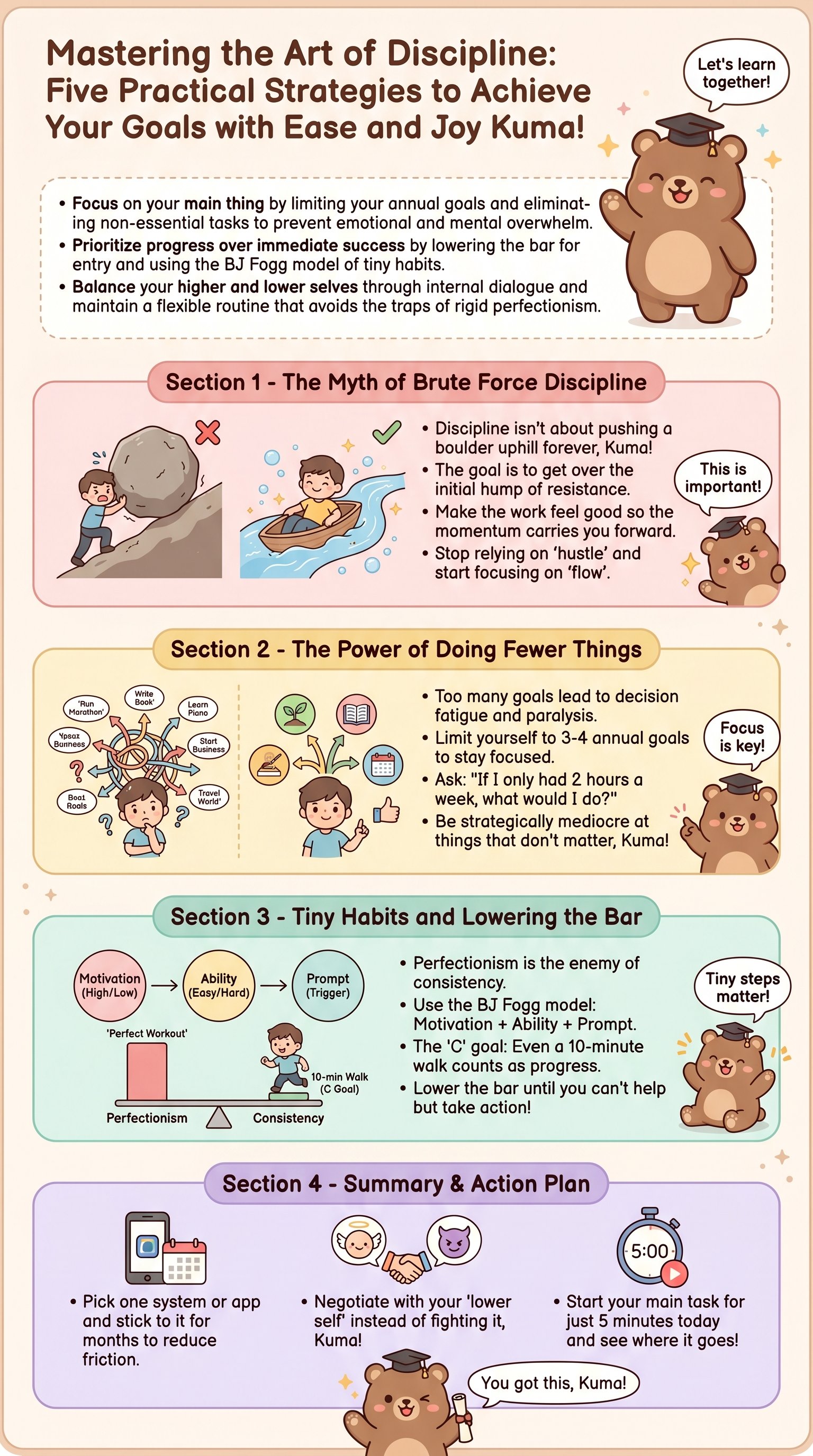 Mastering the Art of Discipline: Five Practical Strategies to Achieve Your Goals with Ease and Joy Kuma! - 1分でわかるスライド要約 (manabi)