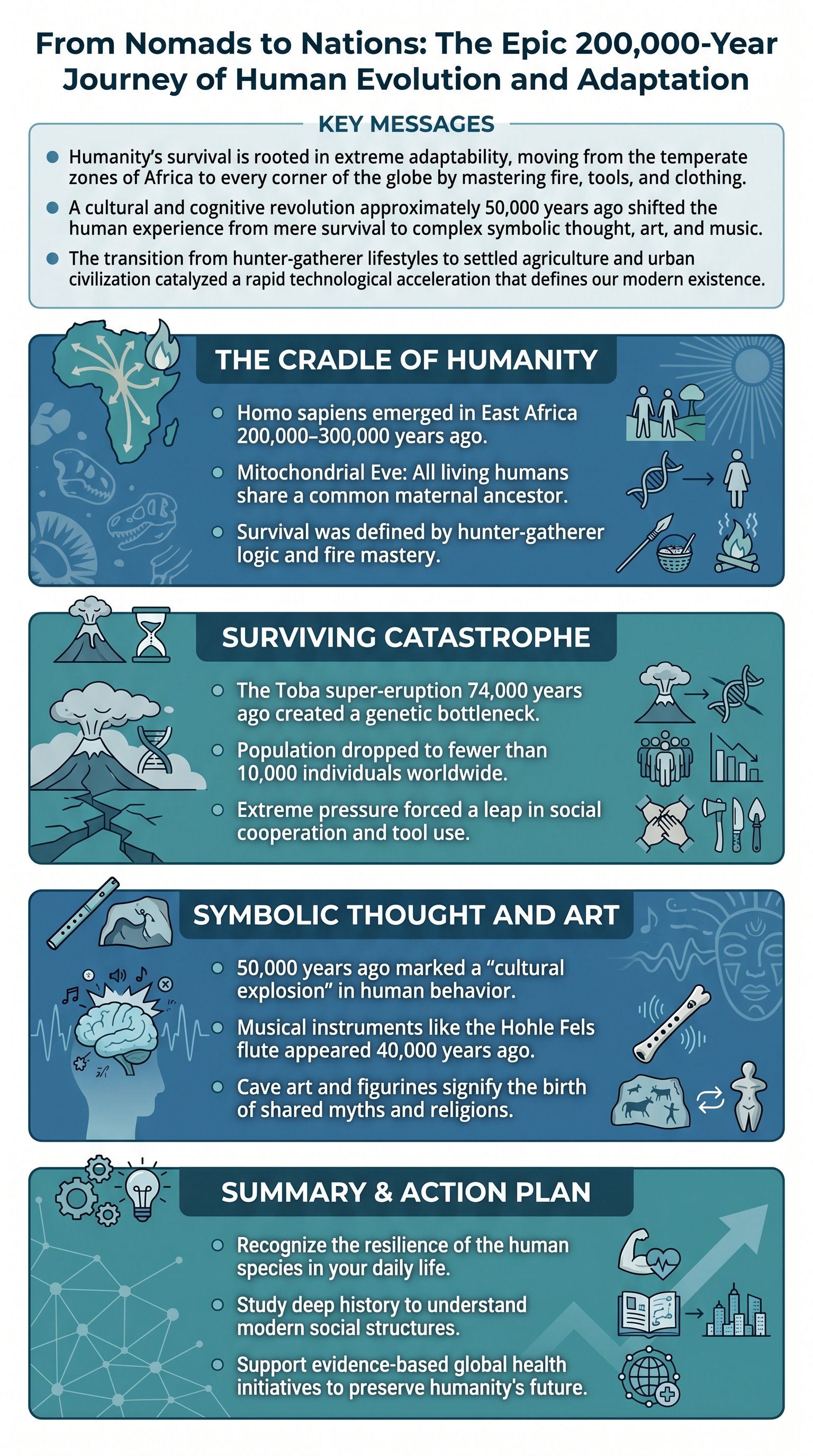 From Nomads to Nations: The Epic 200,000-Year Journey of Human Evolution and Adaptation - 1分でわかるスライド要約 (manabi)