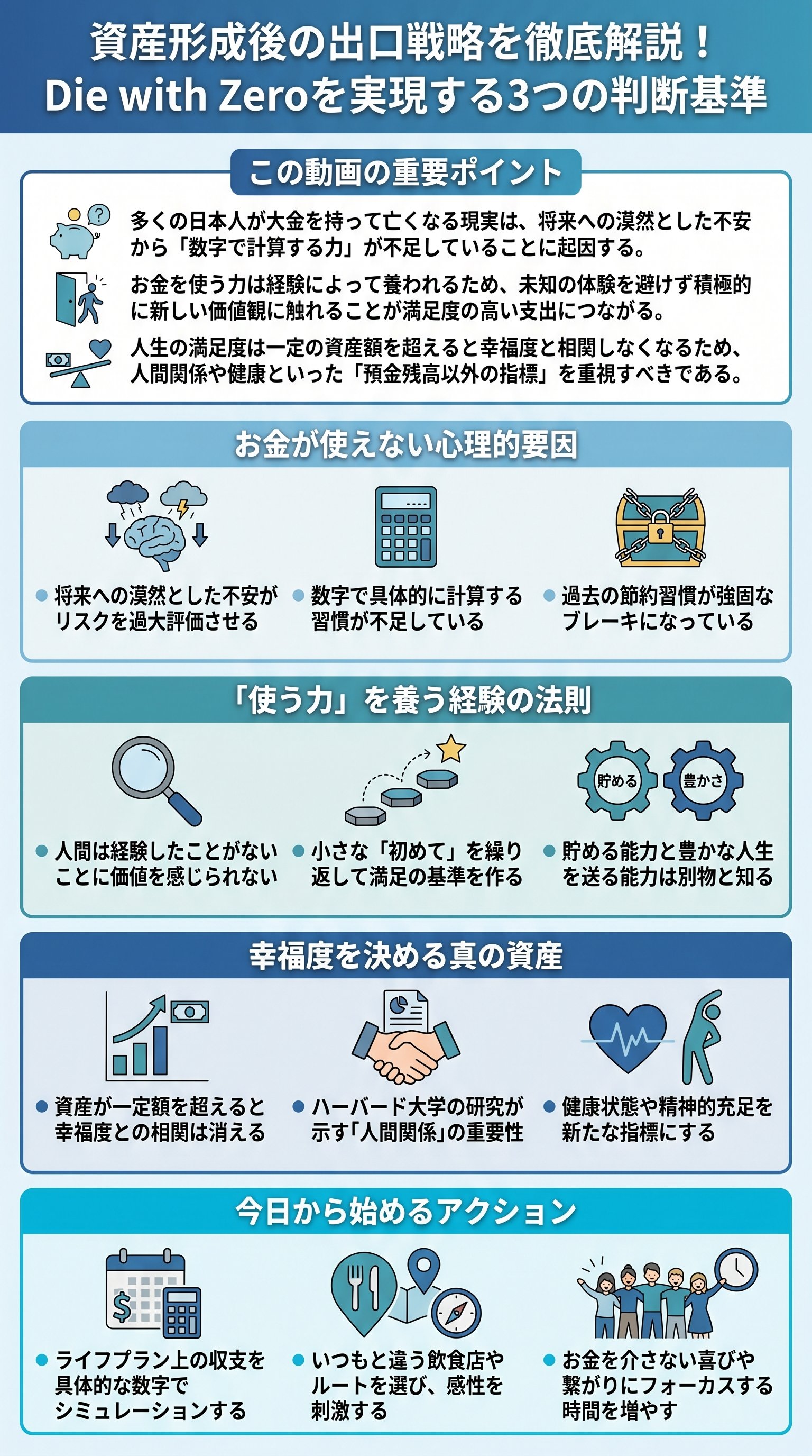 資産形成後の出口戦略を徹底解説!Die with Zeroを実現する3つの判断基準 - 1分でわかるスライド要約 (manabi)
