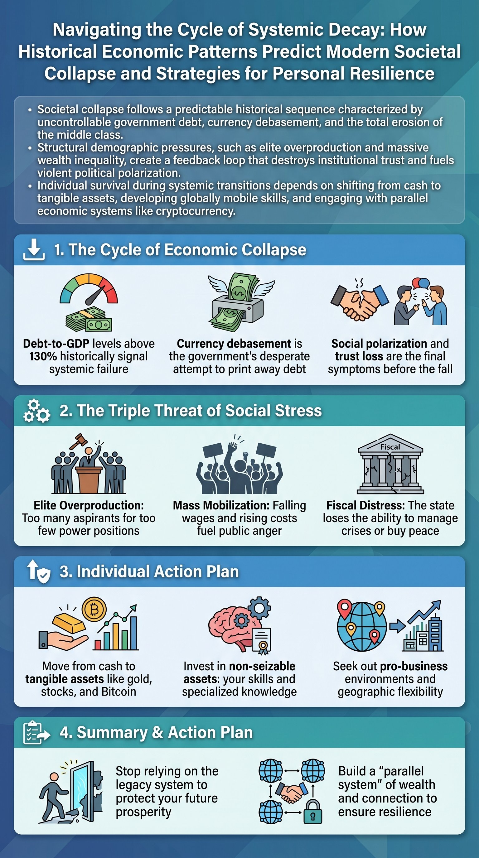 Navigating the Cycle of Systemic Decay: How Historical Economic Patterns Predict Modern Societal Collapse and Strategies for Personal Resilience - 1分でわかるスライド要約 (manabi)