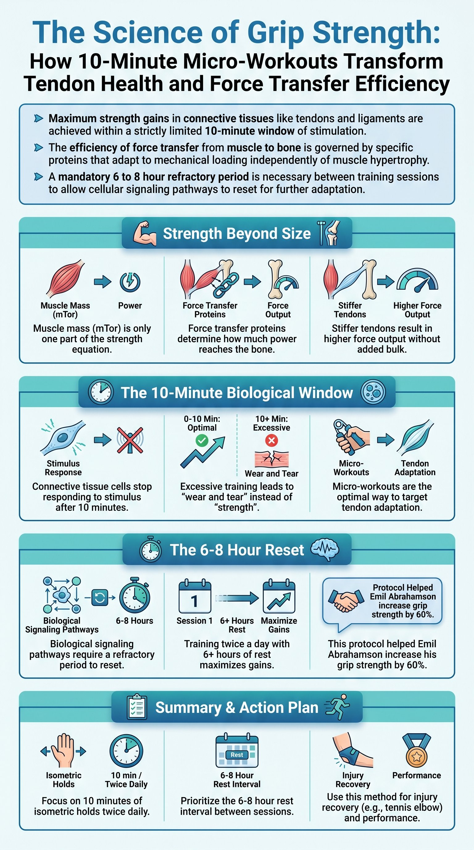 The Science of Grip Strength: How 10-Minute Micro-Workouts Transform Tendon Health and Force Transfer Efficiency - 1分でわかるスライド要約 (manabi)