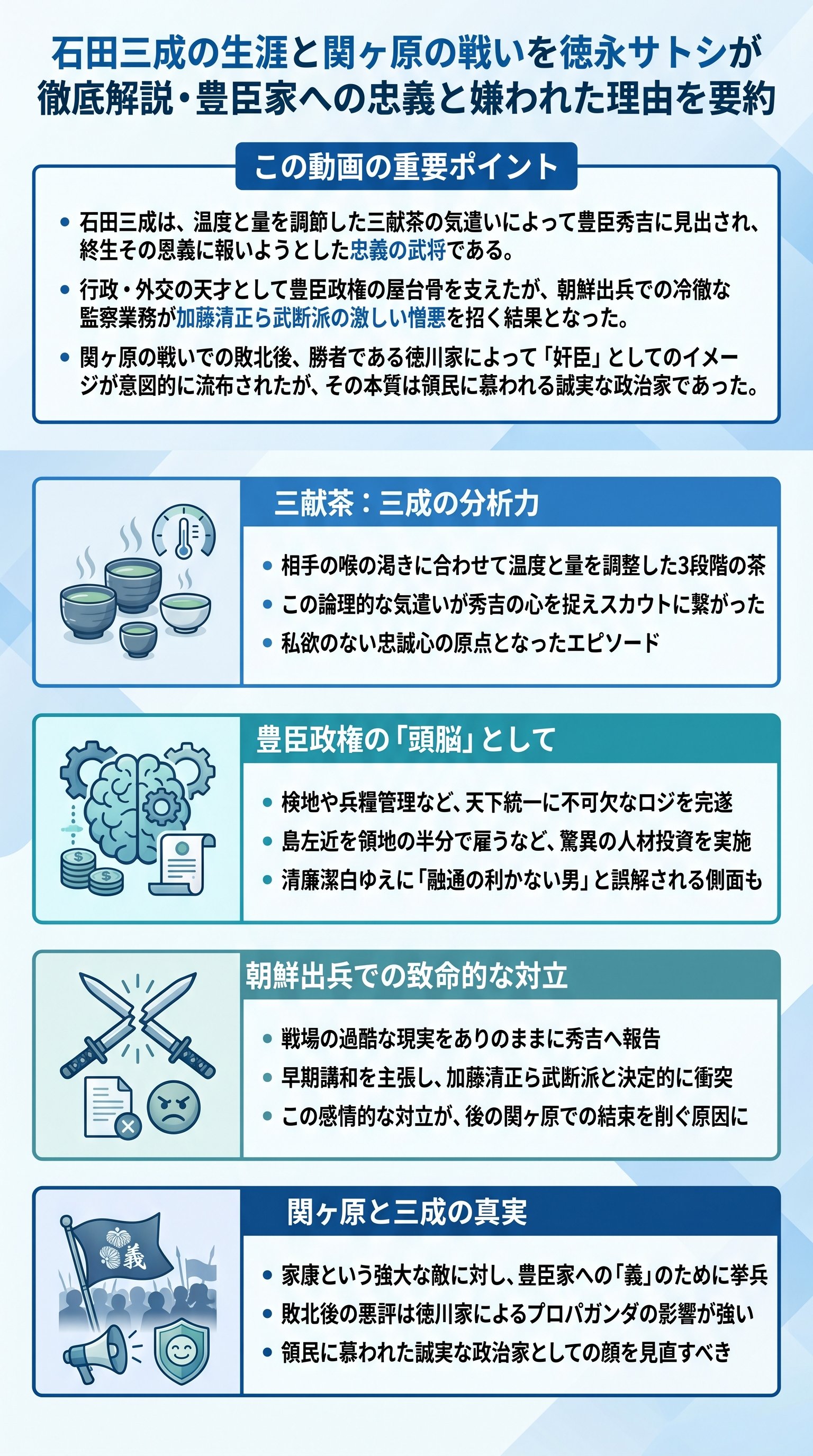 石田三成の生涯と関ヶ原の戦いを徳永サトシが徹底解説・豊臣家への忠義と嫌われた理由を要約 - 1分でわかるスライド要約 (manabi)