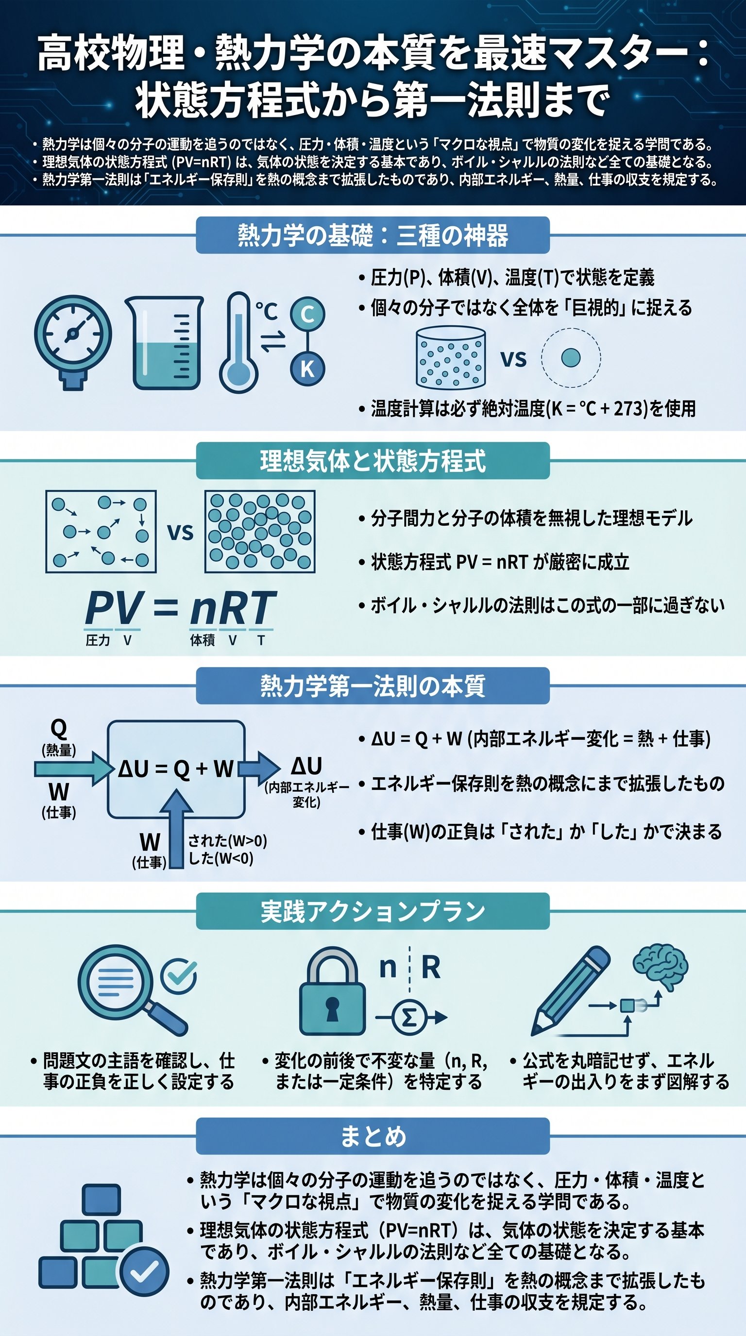 高校物理・熱力学の本質を最速マスター：状態方程式から第一法則まで - 1分でわかるスライド要約 (manabi)