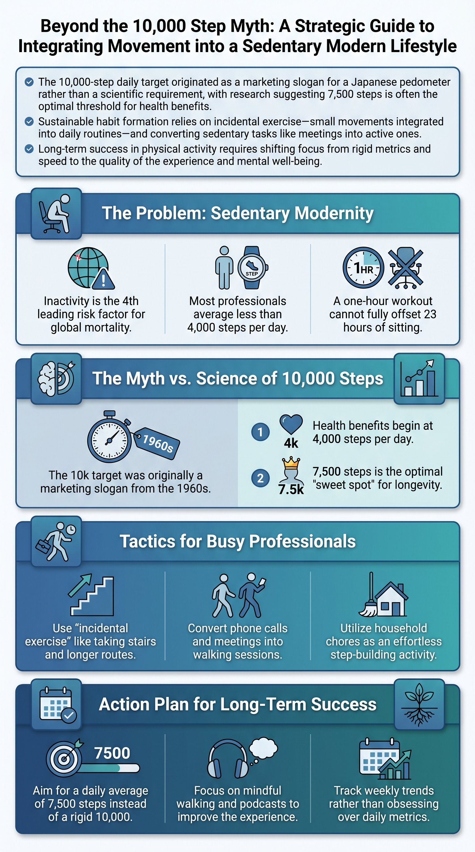 Beyond the 10,000 Step Myth: A Strategic Guide to Integrating Movement into a Sedentary Modern Lifestyle - 1分でわかるスライド要約 (manabi)