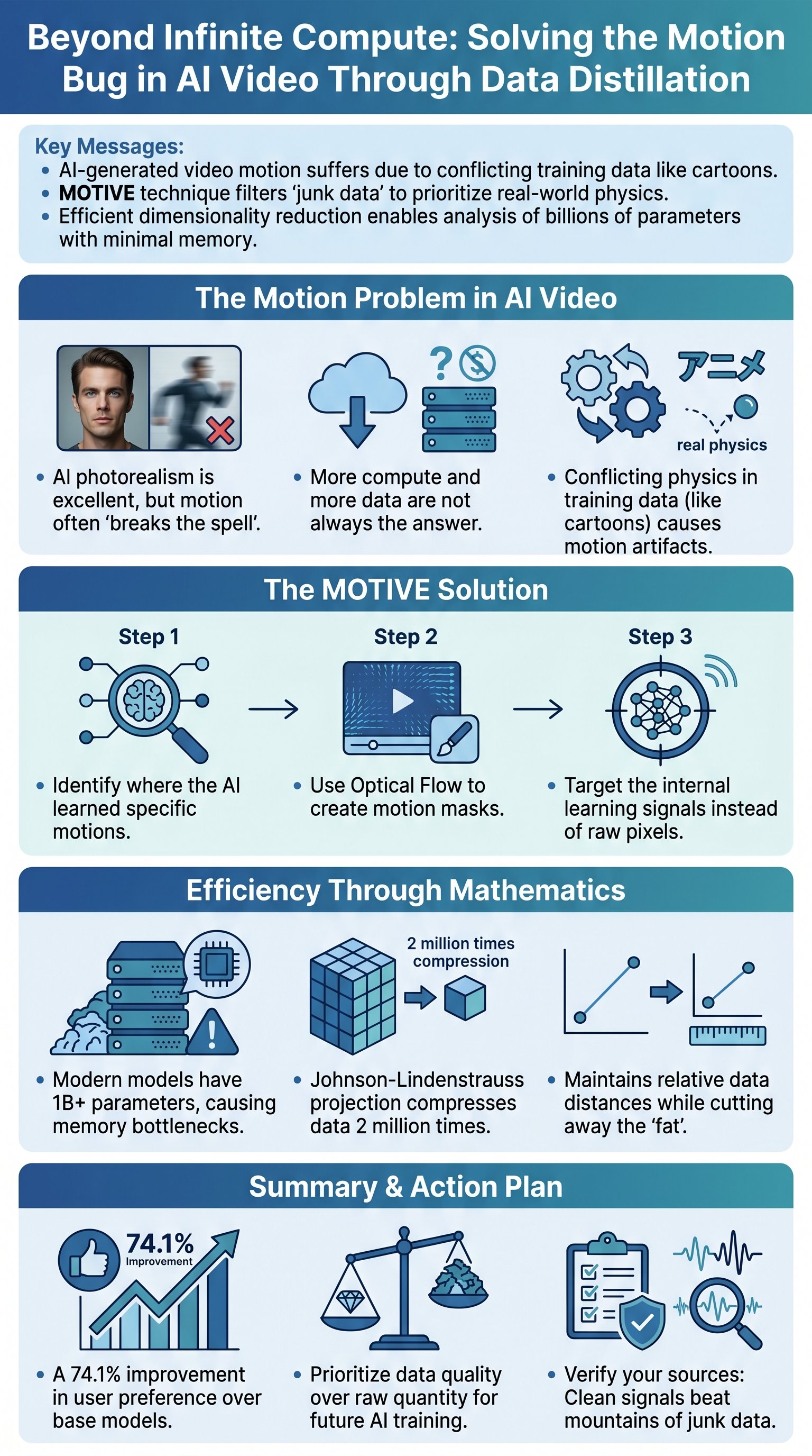 Beyond Infinite Compute: Solving the Motion Bug in AI Video Through Data Distillation - 1分でわかるスライド要約 (manabi)
