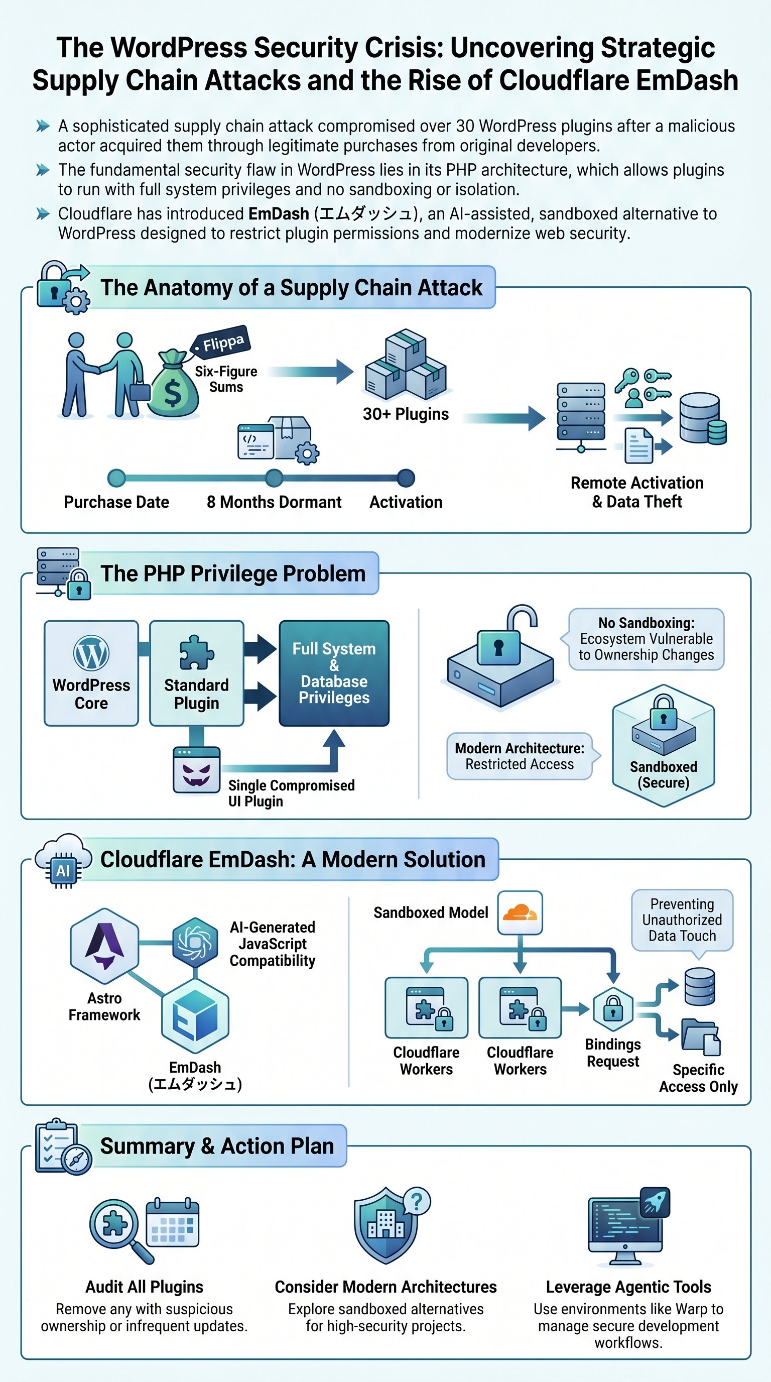 The WordPress Security Crisis: Uncovering Strategic Supply Chain Attacks and the Rise of Cloudflare EmDash - 1分でわかるスライド要約 (manabi)