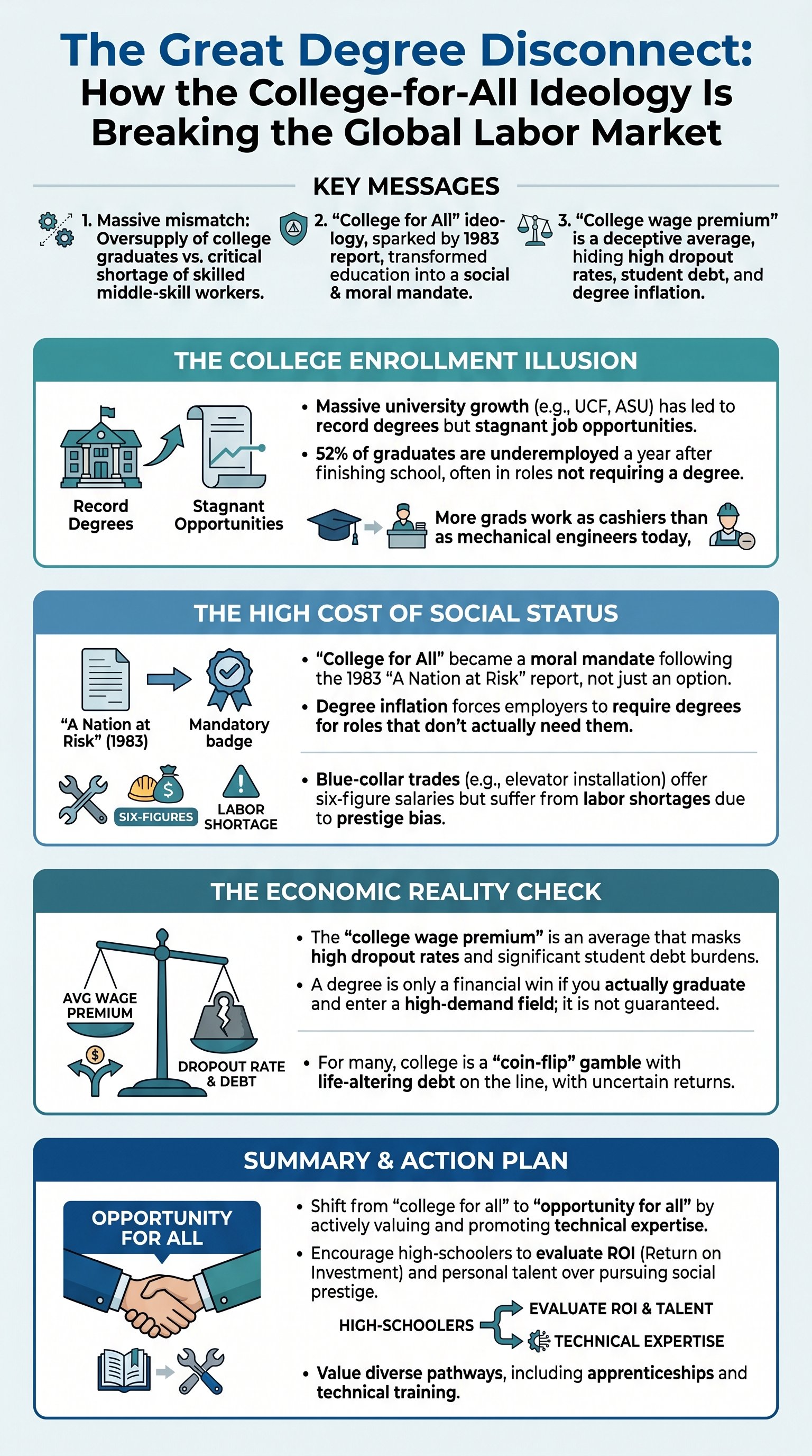 The Great Degree Disconnect: How the College-for-All Ideology Is Breaking the Global Labor Market - 1分でわかるスライド要約 (manabi)