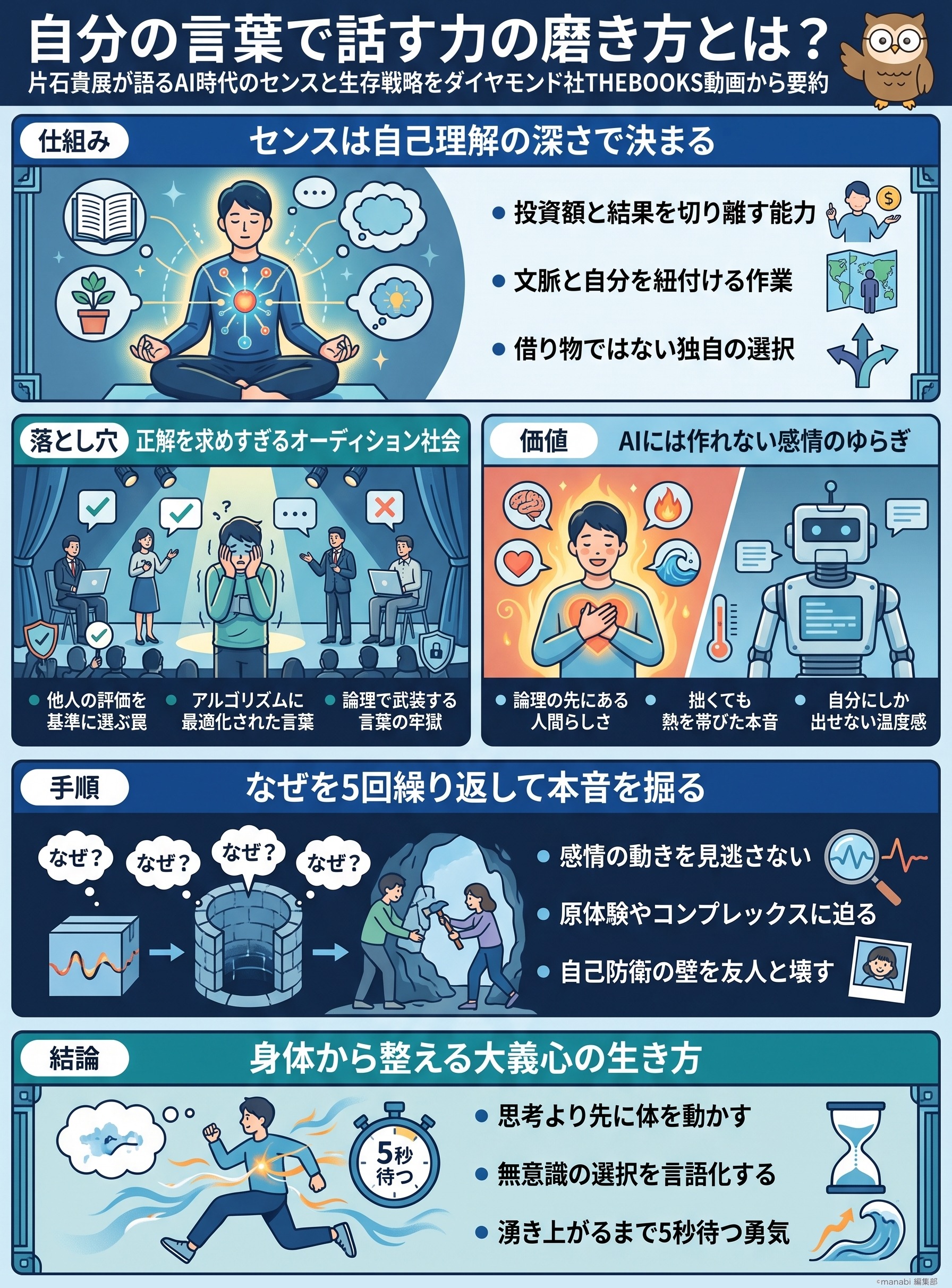 自分の言葉で話す力の磨き方とは?片石貴展が語るAI時代のセンスと生存戦略をダイヤモンド社THEBOOKS動画から要約 - 1分でわかるスライド要約 (manabi)