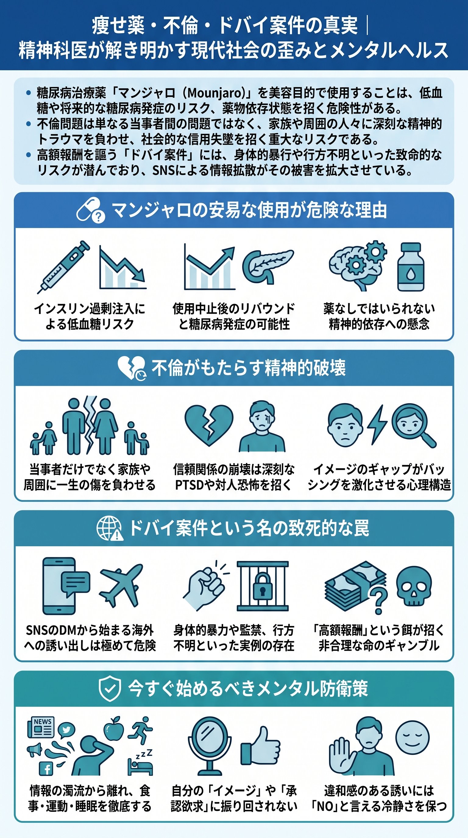 マンジャロ美容使用・不倫・ドバイ案件の危険性をメンタルドクターSidowが要約 - 1分でわかるスライド要約 (manabi)