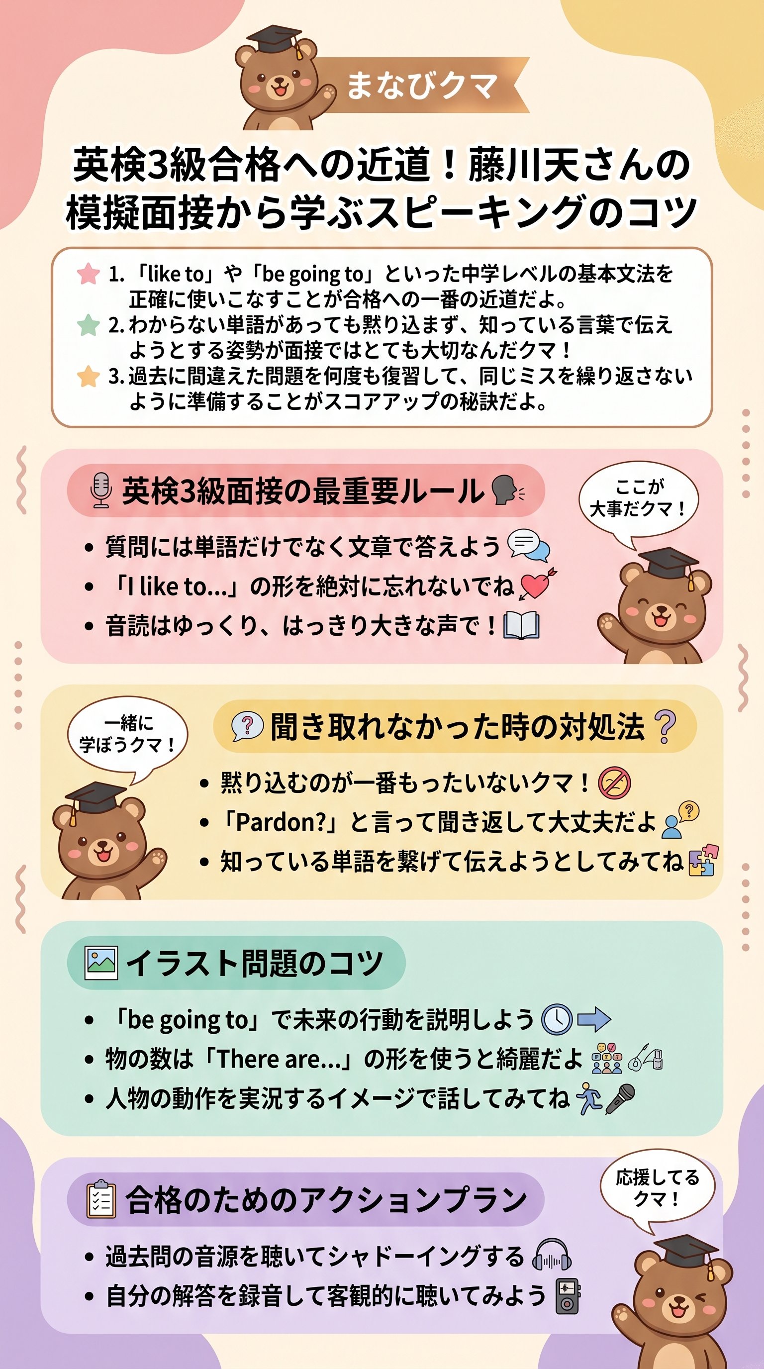 藤川天の英検3級模擬面接:合格のコツを要約 - 1分でわかるスライド要約 (manabi)