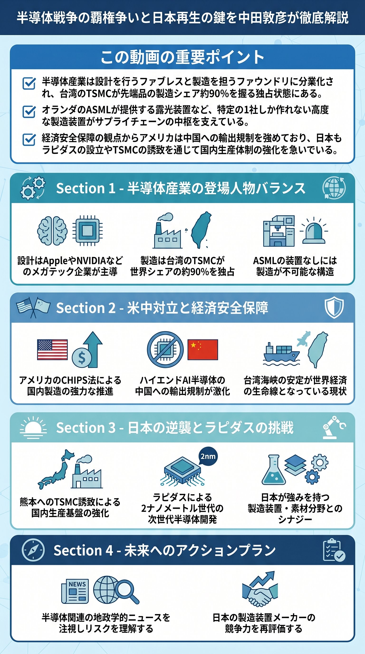 半導体戦争の覇権争いと日本再生の鍵を中田敦彦が徹底解説 - 1分でわかるスライド要約 (manabi)