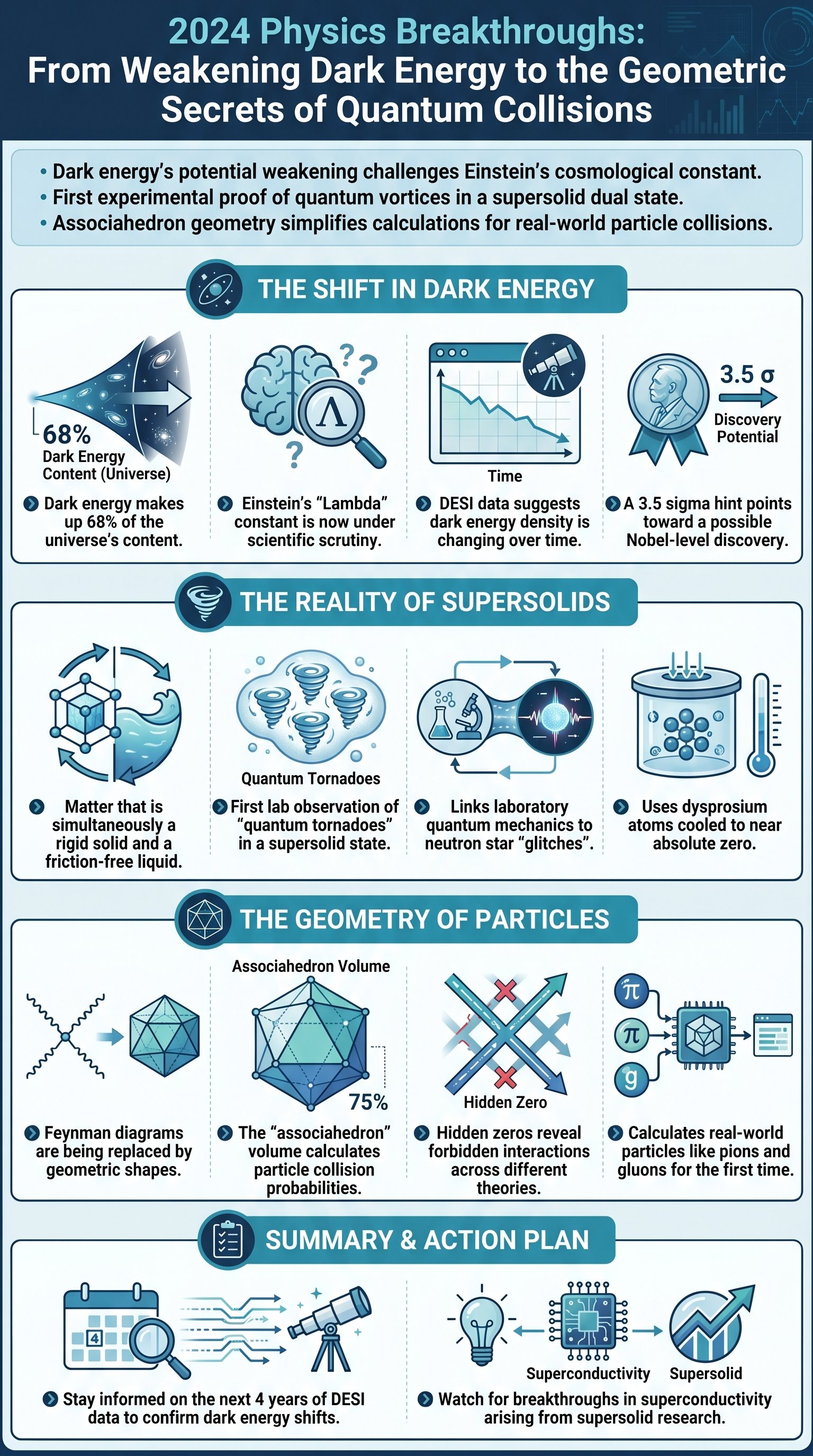 2024 Physics Breakthroughs: From Weakening Dark Energy to the Geometric Secrets of Quantum Collisions - 1分でわかるスライド要約 (manabi)