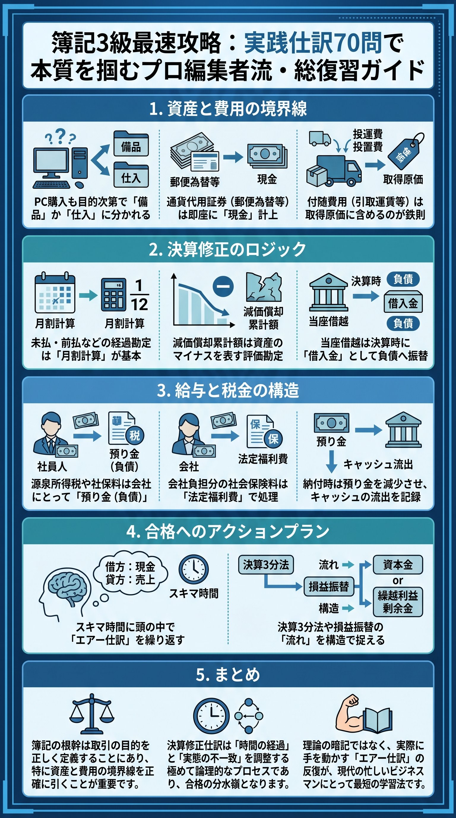 簿記3級最速攻略：実践仕訳70問で本質を掴む総復習ガイド - 1分でわかるスライド要約 (manabi)