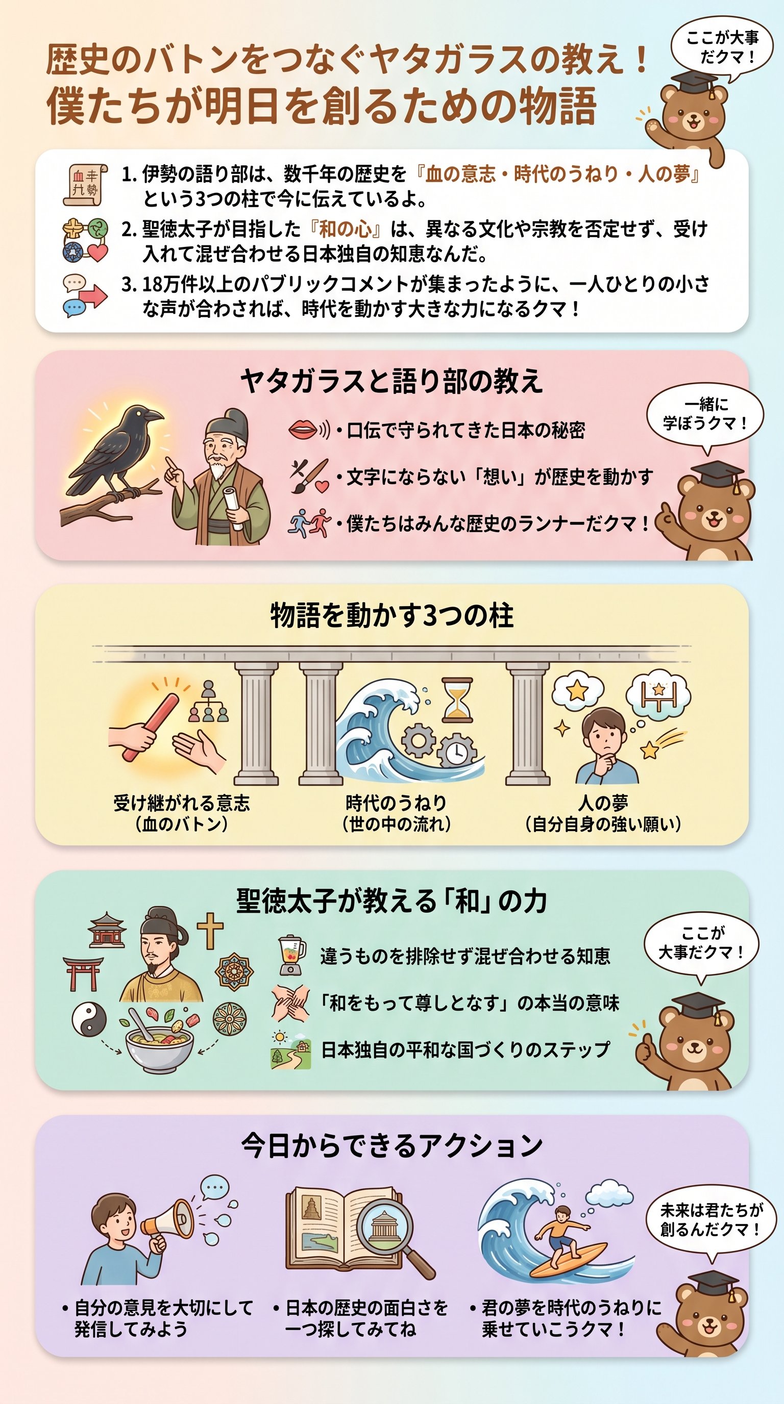 伊勢の語り部が伝える八咫烏と聖徳太子の和の心をTOLAND VLOGが要約 - 1分でわかるスライド要約 (manabi)