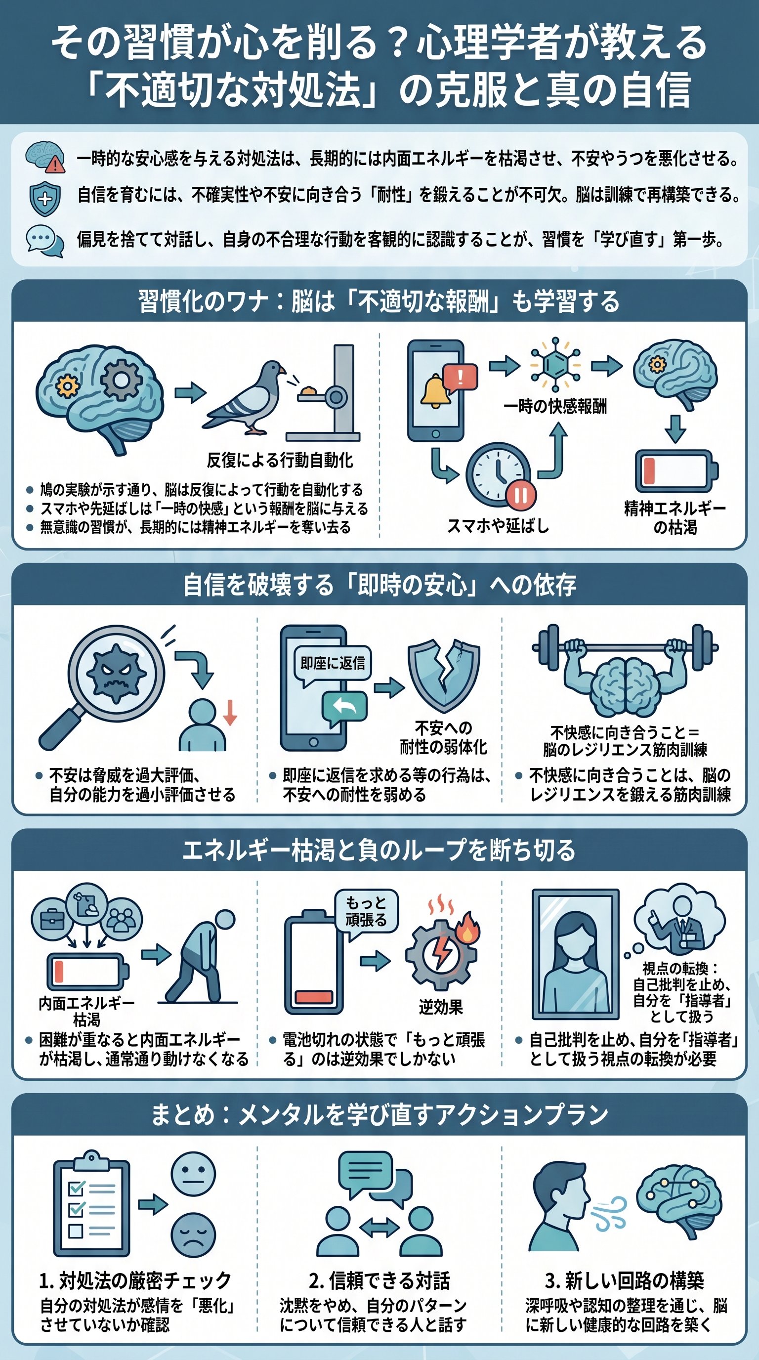 その習慣が心を削る？心理学者が教える「不適切な対処法」の克服と真の自信 - 1分でわかるスライド要約 (manabi)