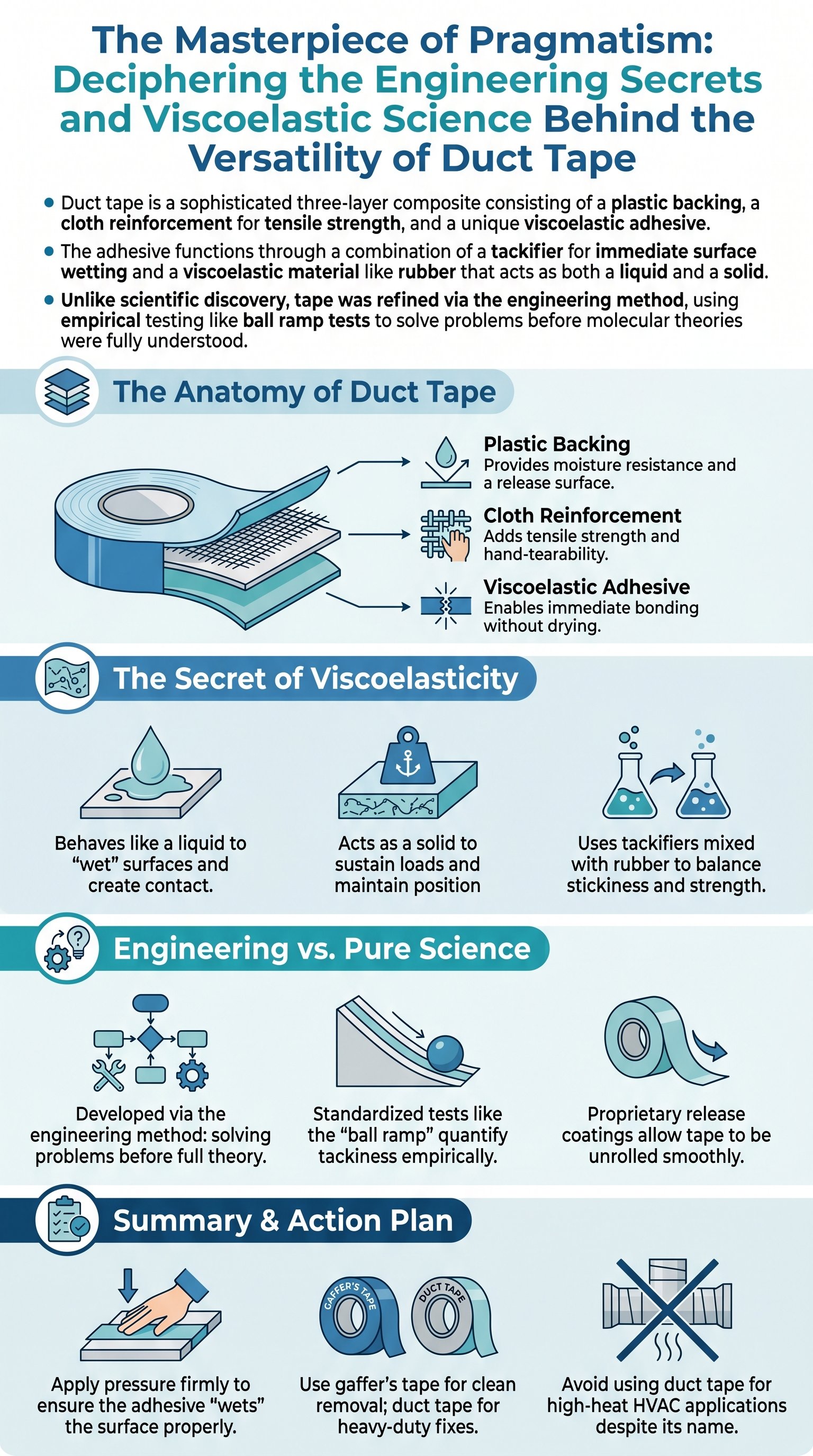 The Masterpiece of Pragmatism: Deciphering the Engineering Secrets and Viscoelastic Science Behind the Versatility of Duct Tape - 1分でわかるスライド要約 (manabi)
