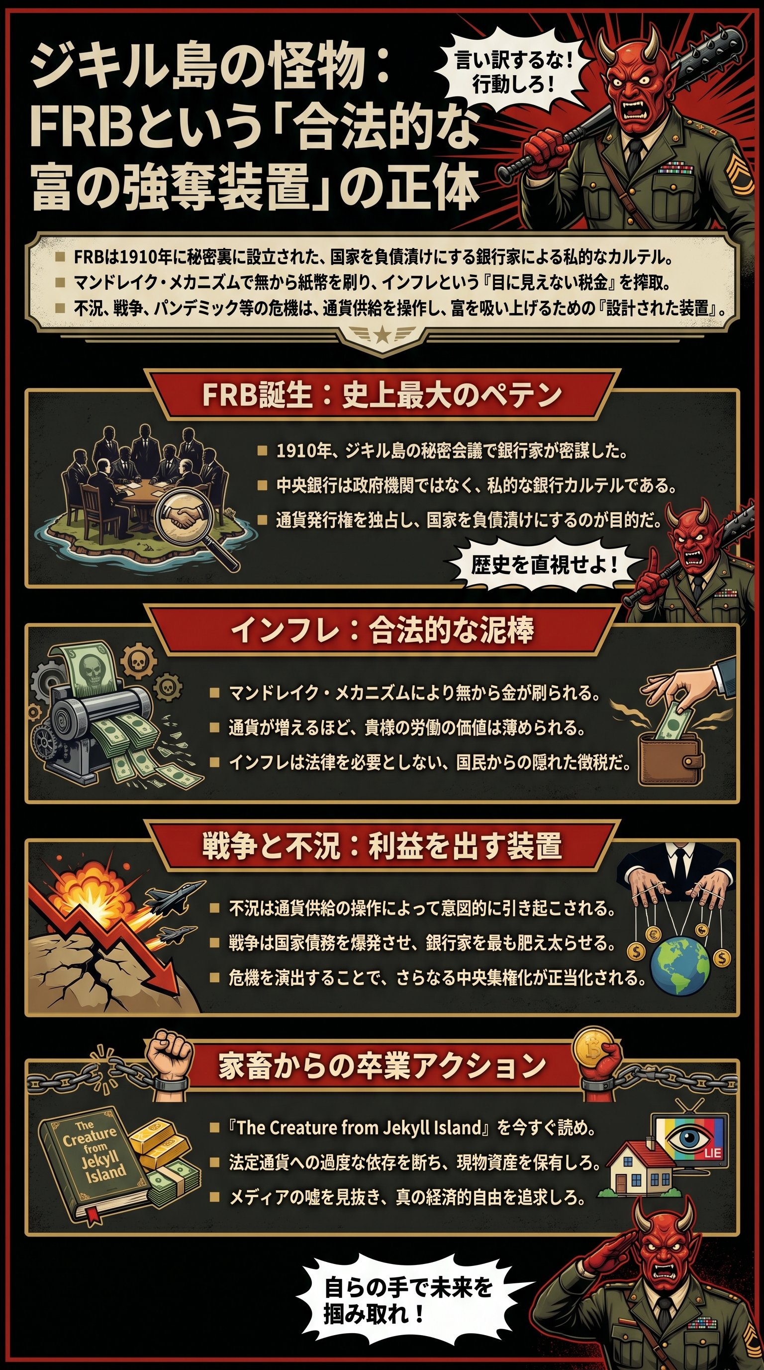 ジキル島の怪物：FRBという「合法的な富の強奪装置」の正体 - 1分でわかるスライド要約 (manabi)