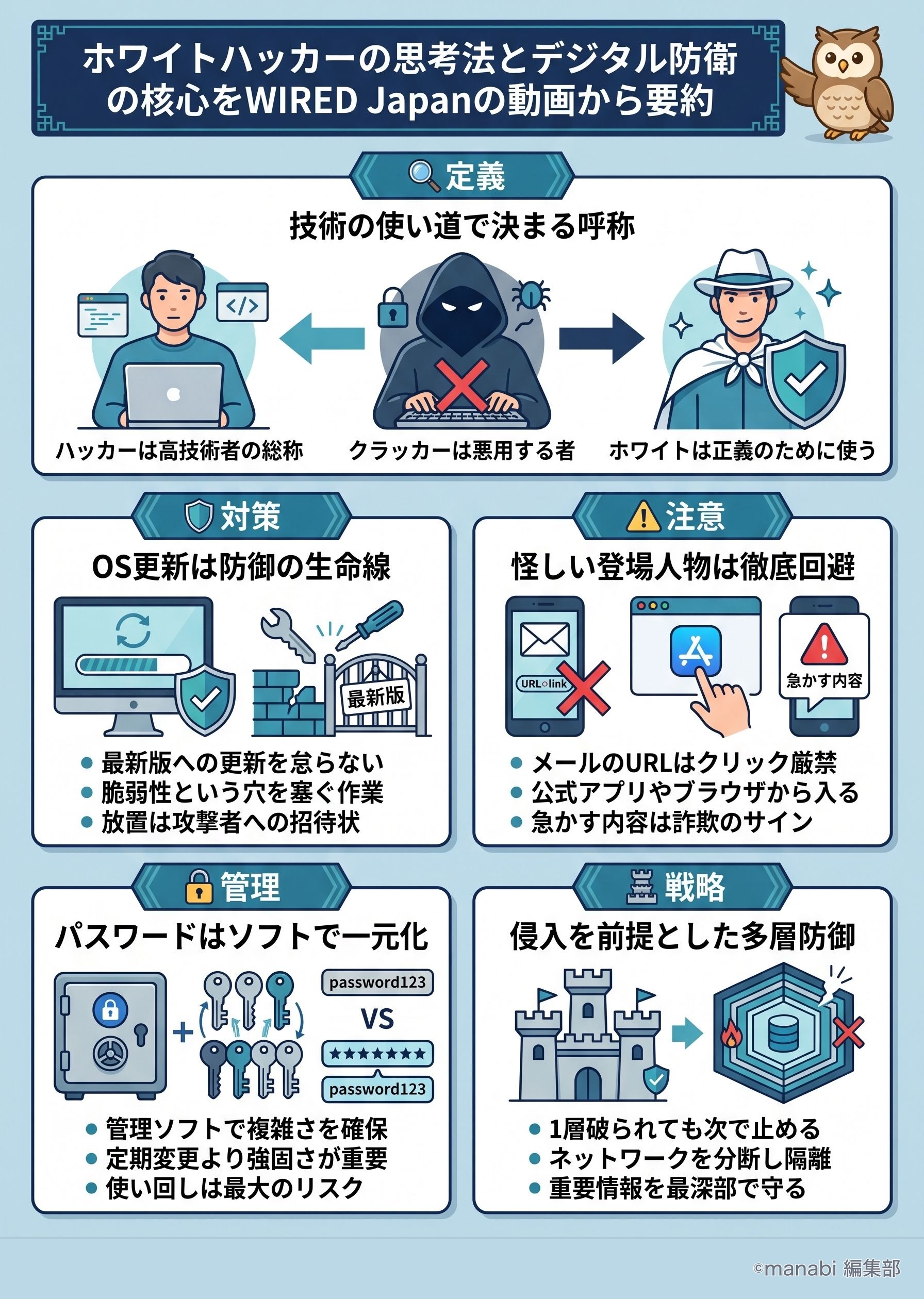 ホワイトハッカーの思考法とデジタル防衛の核心をWIRED Japanの動画から要約 - 1分でわかるスライド要約 (manabi)