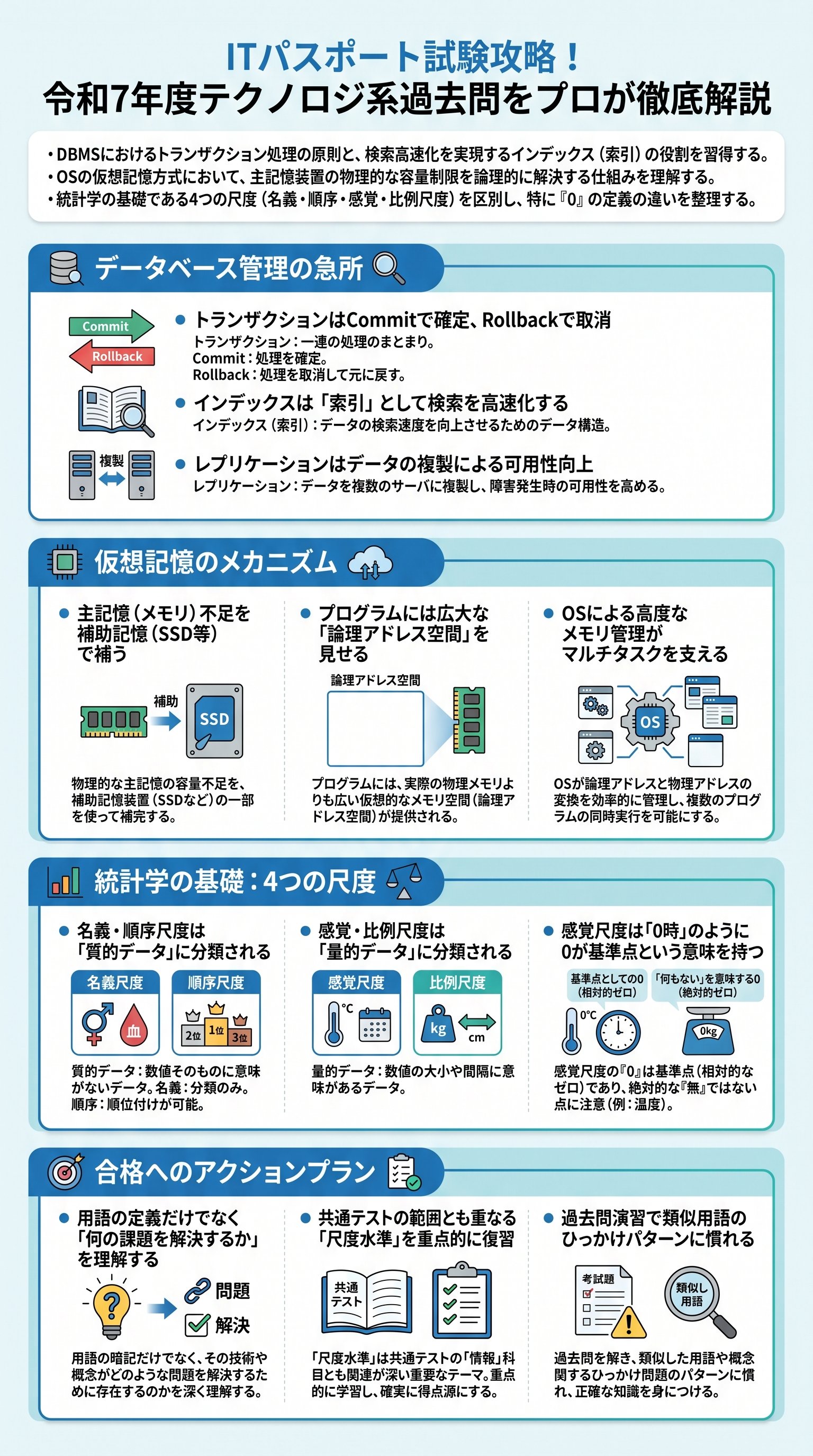 【2026年最新】ITパスポート過去問:DBMS・仮想記憶・統計尺度を要約 - 1分でわかるスライド要約 (manabi)