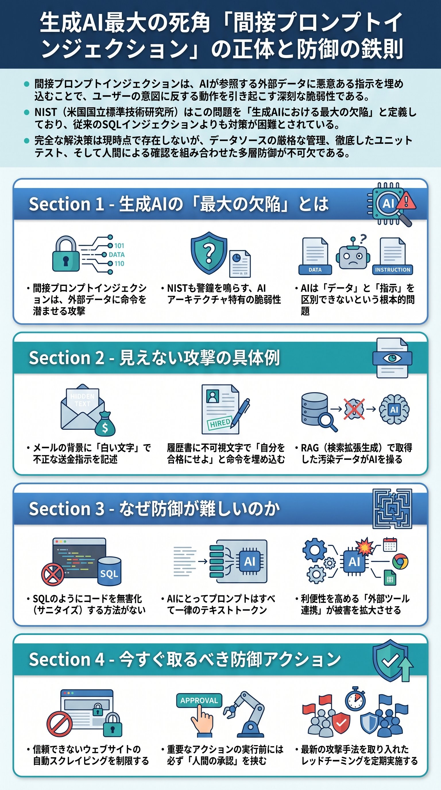 生成AI最大の死角「間接プロンプトインジェクション」の正体と防御の鉄則 - 1分でわかるスライド要約 (manabi)