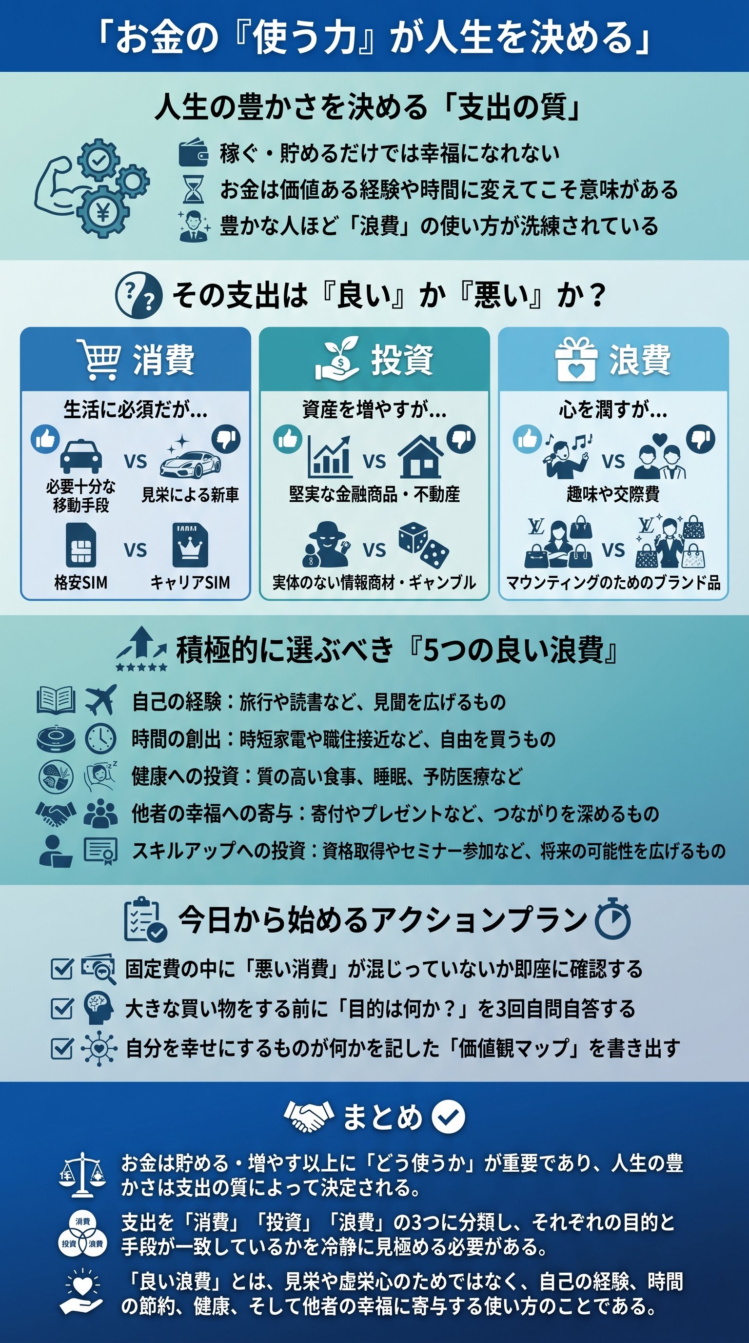 お金の「使う力」が人生を決めるを要約 - 1分でわかるスライド要約 (manabi)