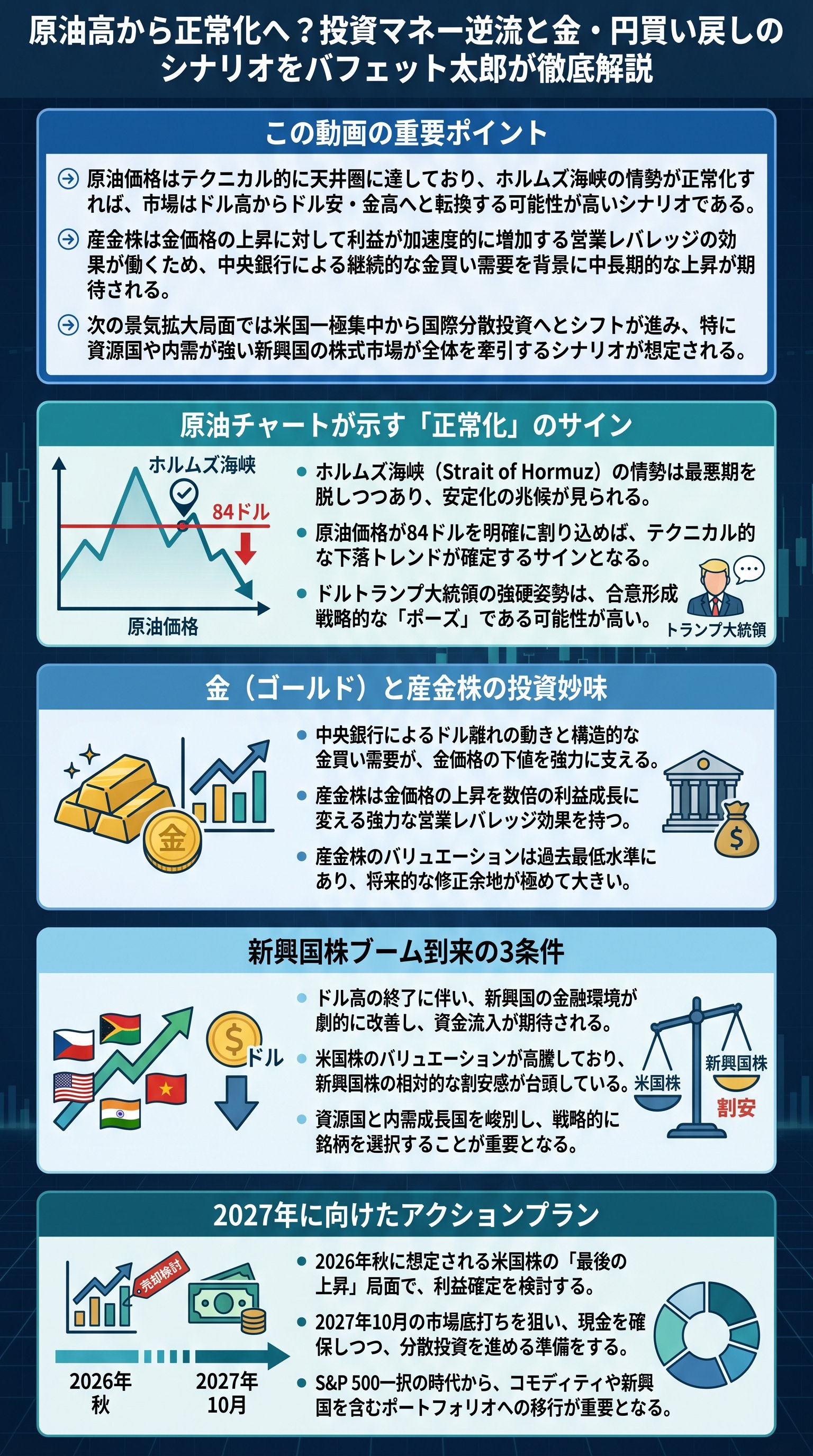 原油高から正常化へ?投資マネー逆流と金・円買い戻しのシナリオをバフェット太郎が徹底解説 - 1分でわかるスライド要約 (manabi)