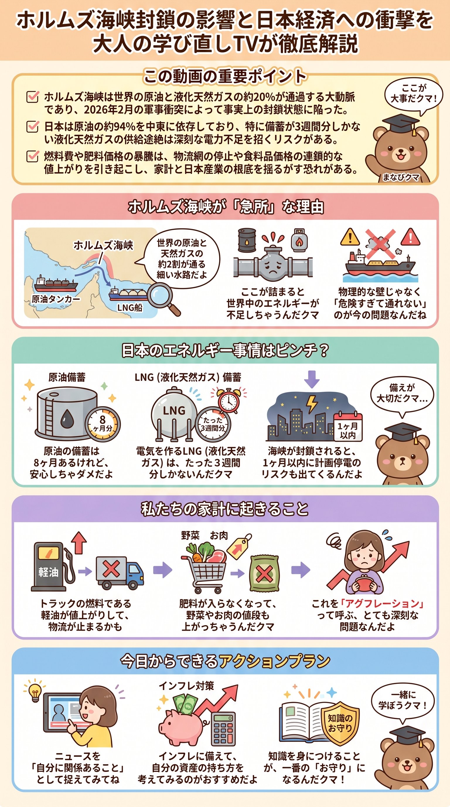 ホルムズ海峡封鎖で日本経済はどうなる？大人の学び直しTVの解説を要約 - 1分でわかるスライド要約 (manabi)