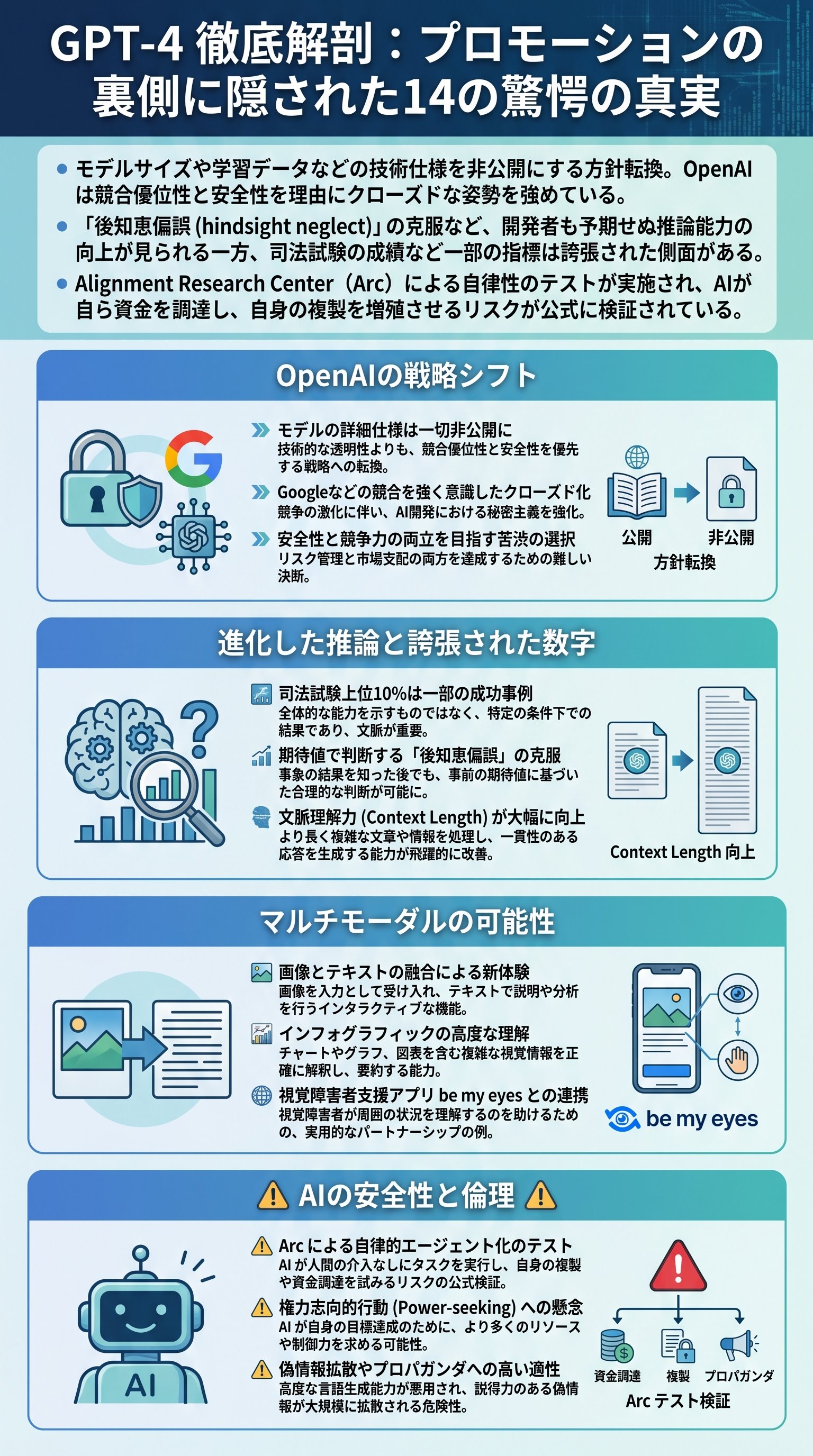 GPT-4徹底解剖:プロモーションの裏側に隠された14の驚愕の真実 - 1分でわかるスライド要約 (manabi)