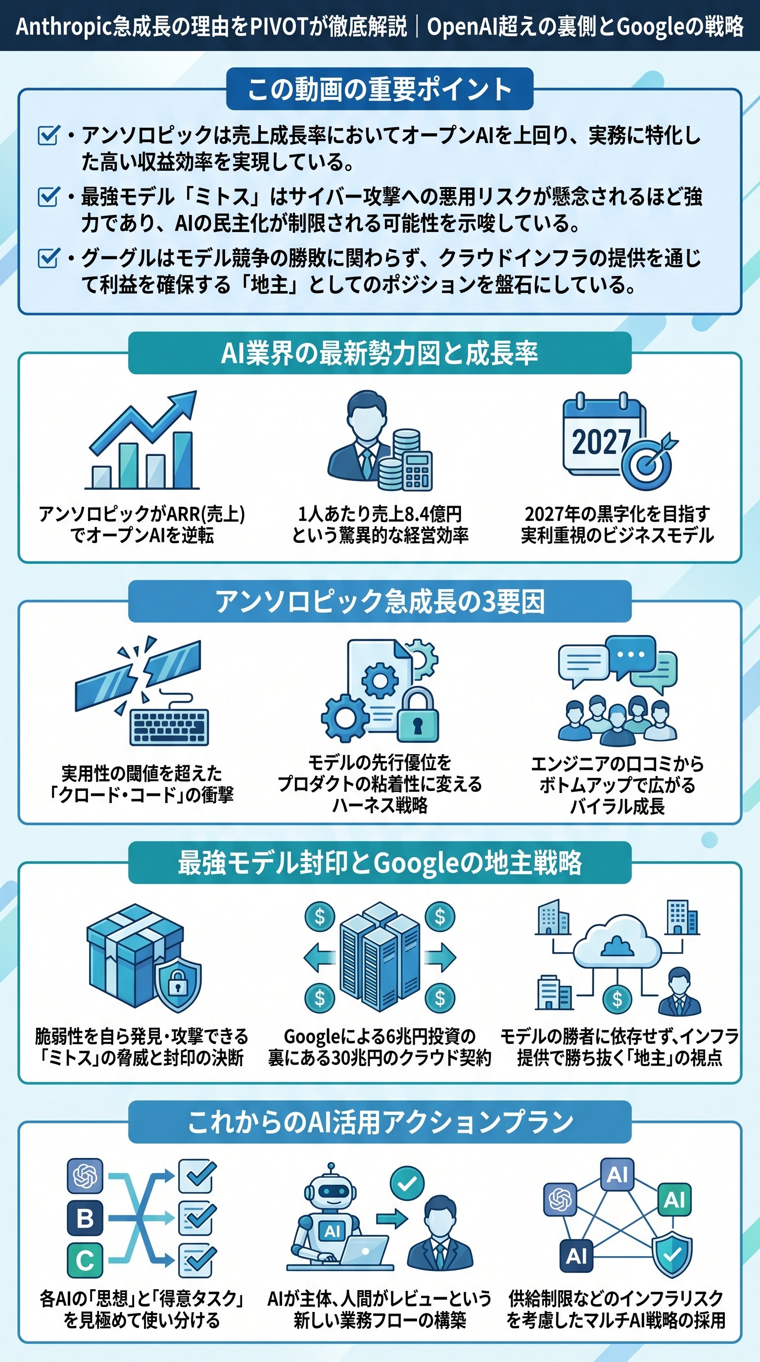 Anthropic急成長の理由をPIVOTが徹底解説|OpenAI超えの裏側とGoogleの戦略 - 1分でわかるスライド要約 (manabi)